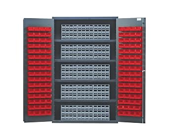 Quantum QSC-BG-QIC122RD Modular Shelving Cabinet with 15 QIC-122 Interlock Drawers and 128 QUS210 Red Bins for Industrial Distribution | 400 lbs Capacity | 48"W x 24"D x 78"H, Beige, Carbon Steel