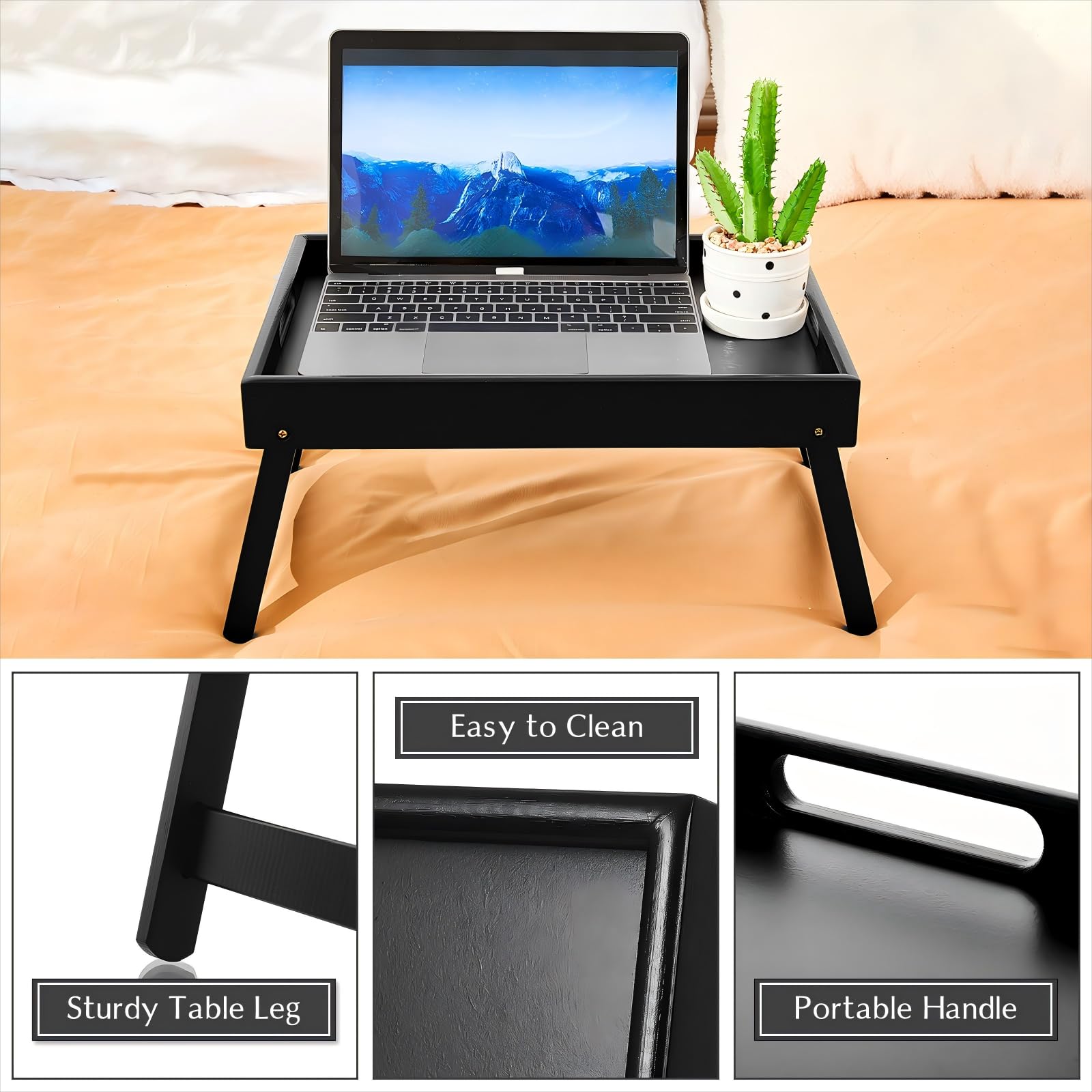 Qunclay Lot de 3 plateaux de petit-déjeuner noirs avec pieds pliables en bambou avec poignées pour manger de la nourriture, des collations, du canapé, de la télévision, du travail comme bureau