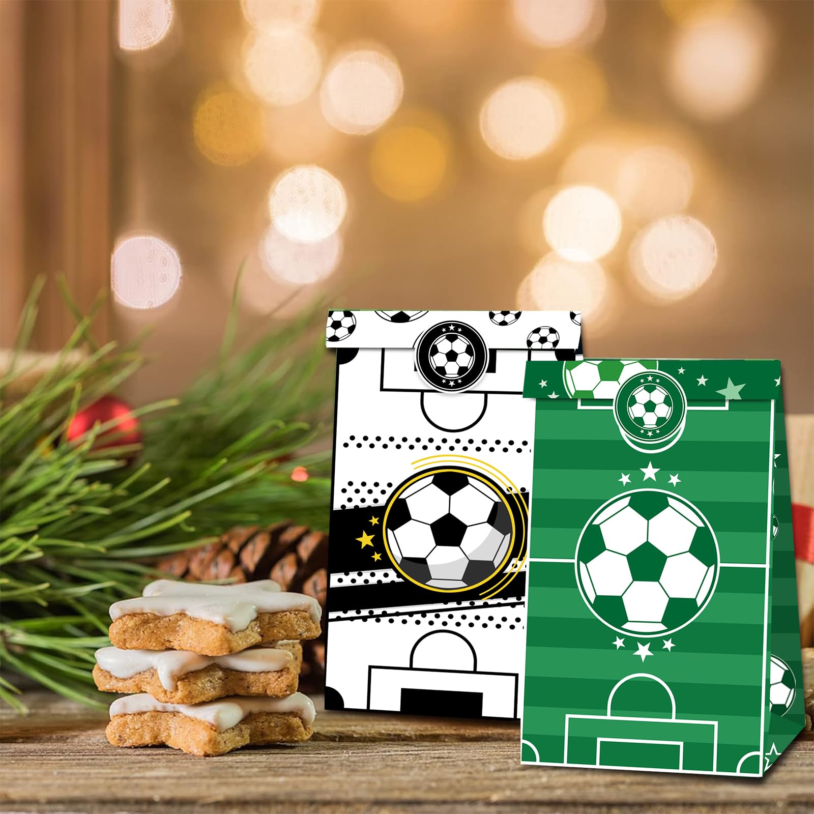 Ouceanwin Sacchetti di carta da calcio per bambini, 12 sacchetti regalo di carta con 18 adesivi, sacchetti regalo di compleanno per bambini, piccoli, sacchetti di carta per ragazzi, compleanni, feste