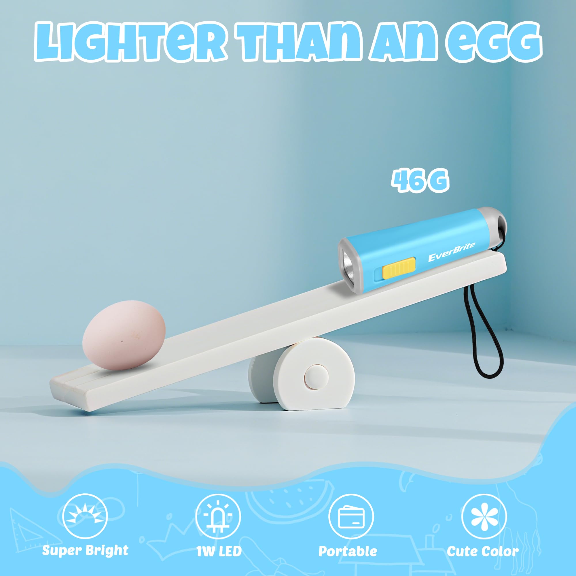 EverBrite Mini latarka LED, lekka (46 g) latarka z delikatnym żółtym światłem, idealna do czytania, biwakowania i sytuacji awaryjnych, prezent urodzinowy, kolor niebieski