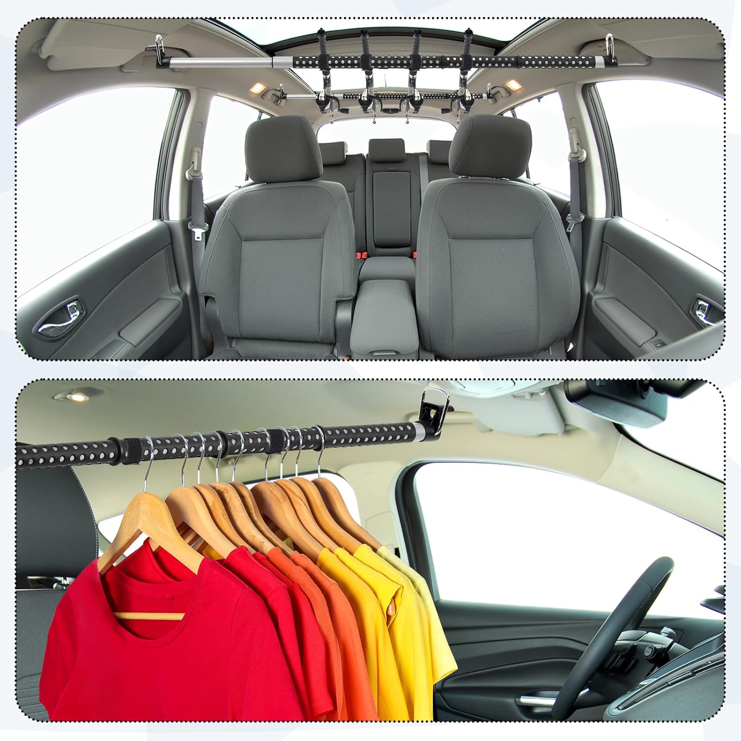 2 Pcs Fishing Rod Holder for Car Heavy Duty Vehicle Fishing Pole Rack with 8 Belts Adjustable 35 to 64.5 Inch Pole Rod Organizer Carrier Clothes Bar for Car SUV Wagon Truck Van
