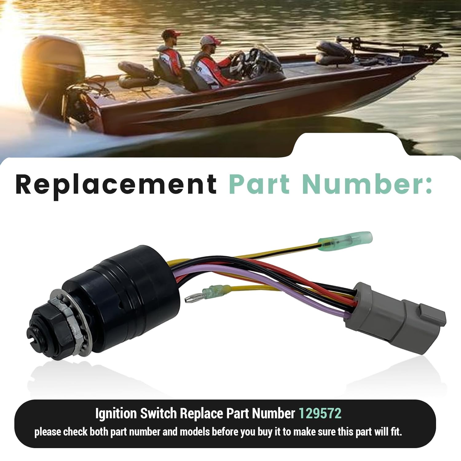 129572 Ignition Switch with 2 Key, 3 Position 6 Wire Connectors, Compatible with Tracker Boats