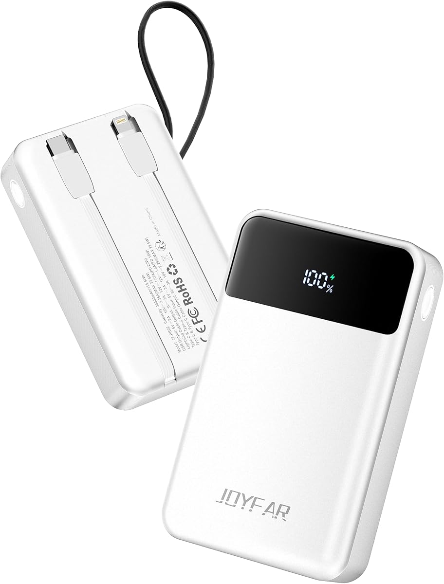JOYFAR Portable-Charger-Power-Bank Travel Essentials Battery Pack USB C 30000mAh Built in Cable 22.5W Phone Fast Charging Powerbank Compatible with iPhone 16 15 14 13 12 11 iPad Samsung Google (White)