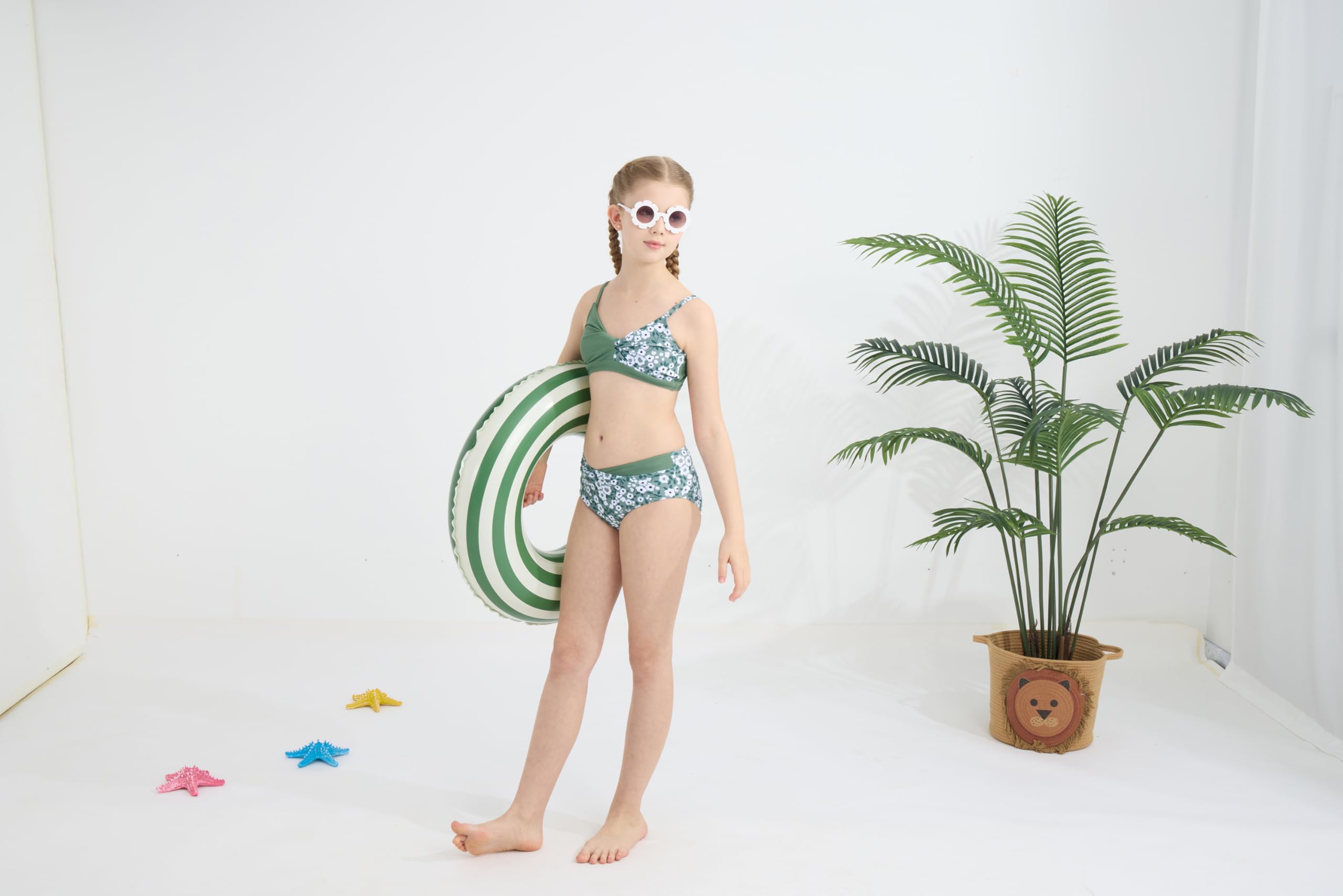 Traje de baño de 2 piezas para niñas, conjunto de bikini con bloques de color tropical, floral, lindo traje de baño para niñas