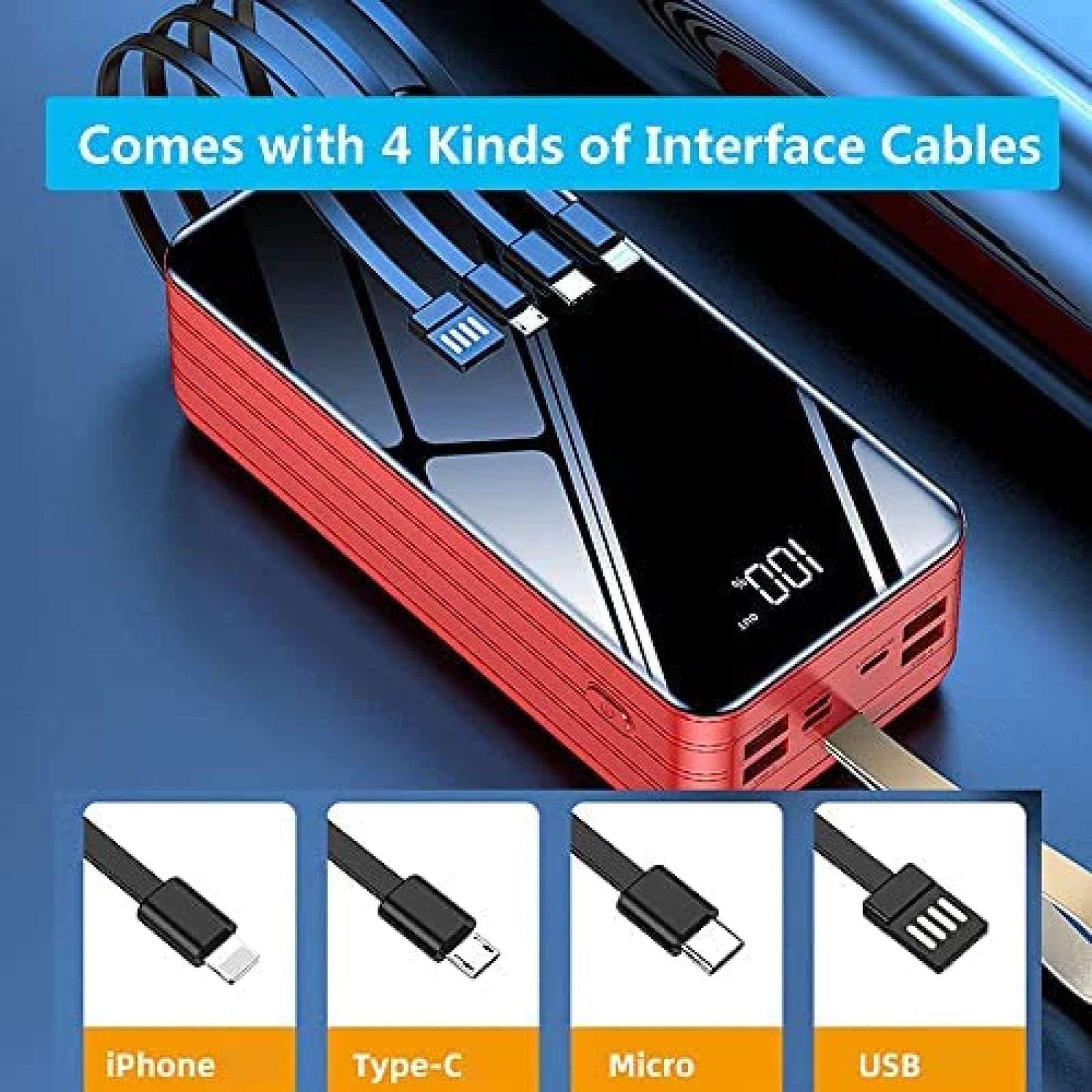 Banco De Energía con Cargador Portátil De 80000 Mah, Batería Externa De Gran Capacidad con 4 Cables Incorporados Y 7 Puertos, Batería De Carga Rápida para Teléfono, Tableta Y Otros,Azul,3000