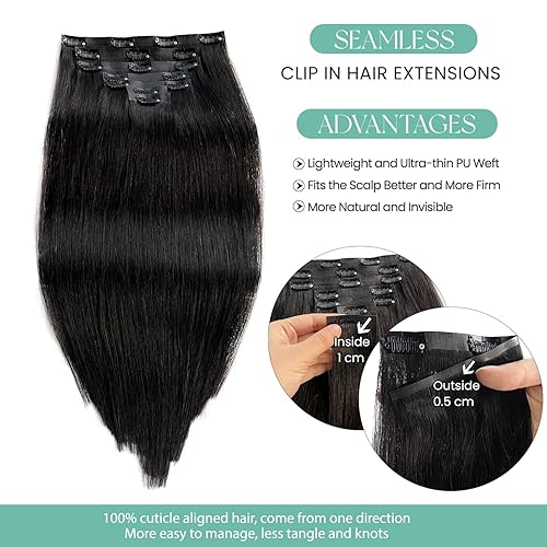 Miniatura 2 de Extensiones de cabello humano con clip, sin costuras, extensiones de cabello humano real color negro natural, 7 unidades, 3.53 oz, 18 pulgadas,