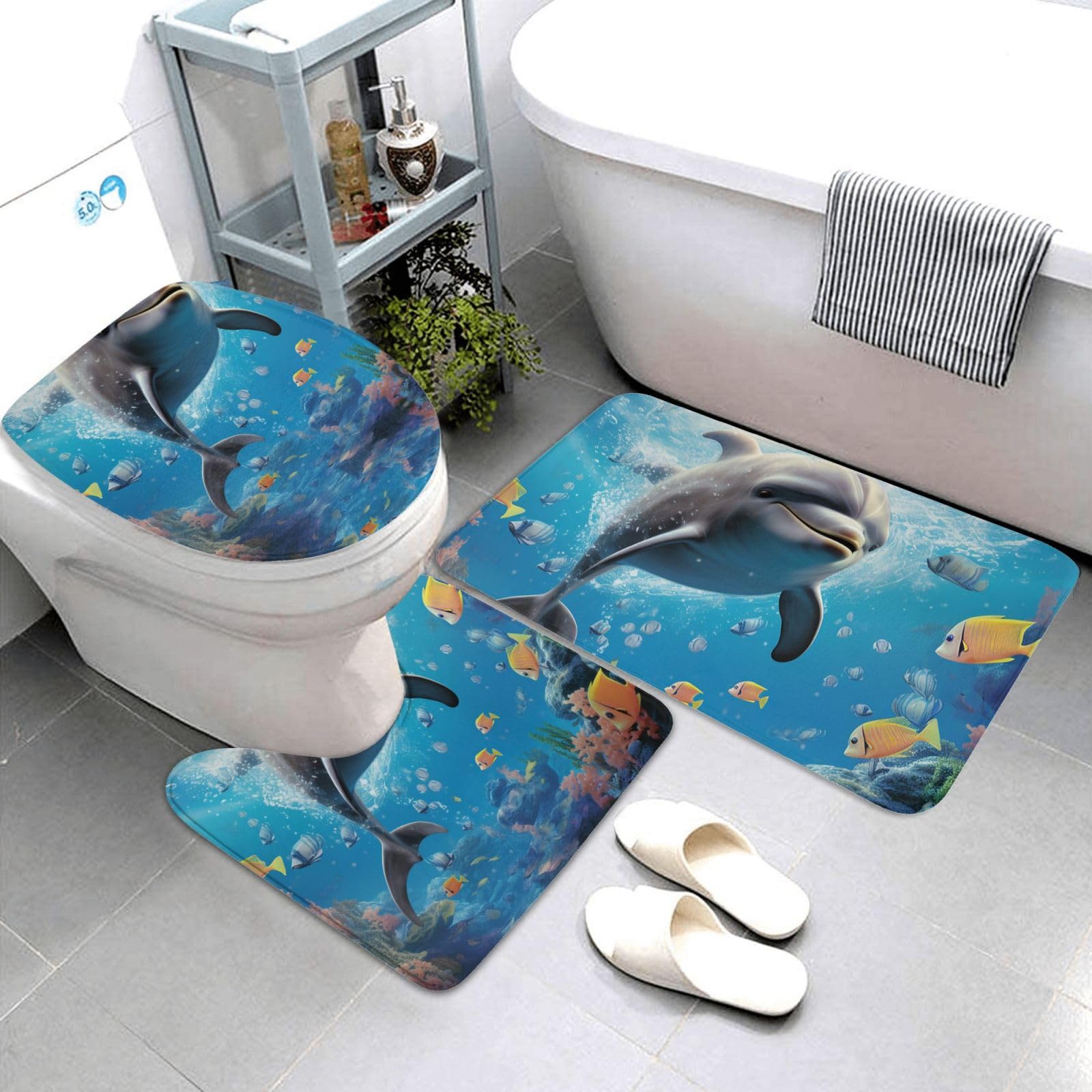 Set di 3 tappetini da bagno con delfino, in flanella, morbida, antiscivolo, con coperchio, decorazione per la casa