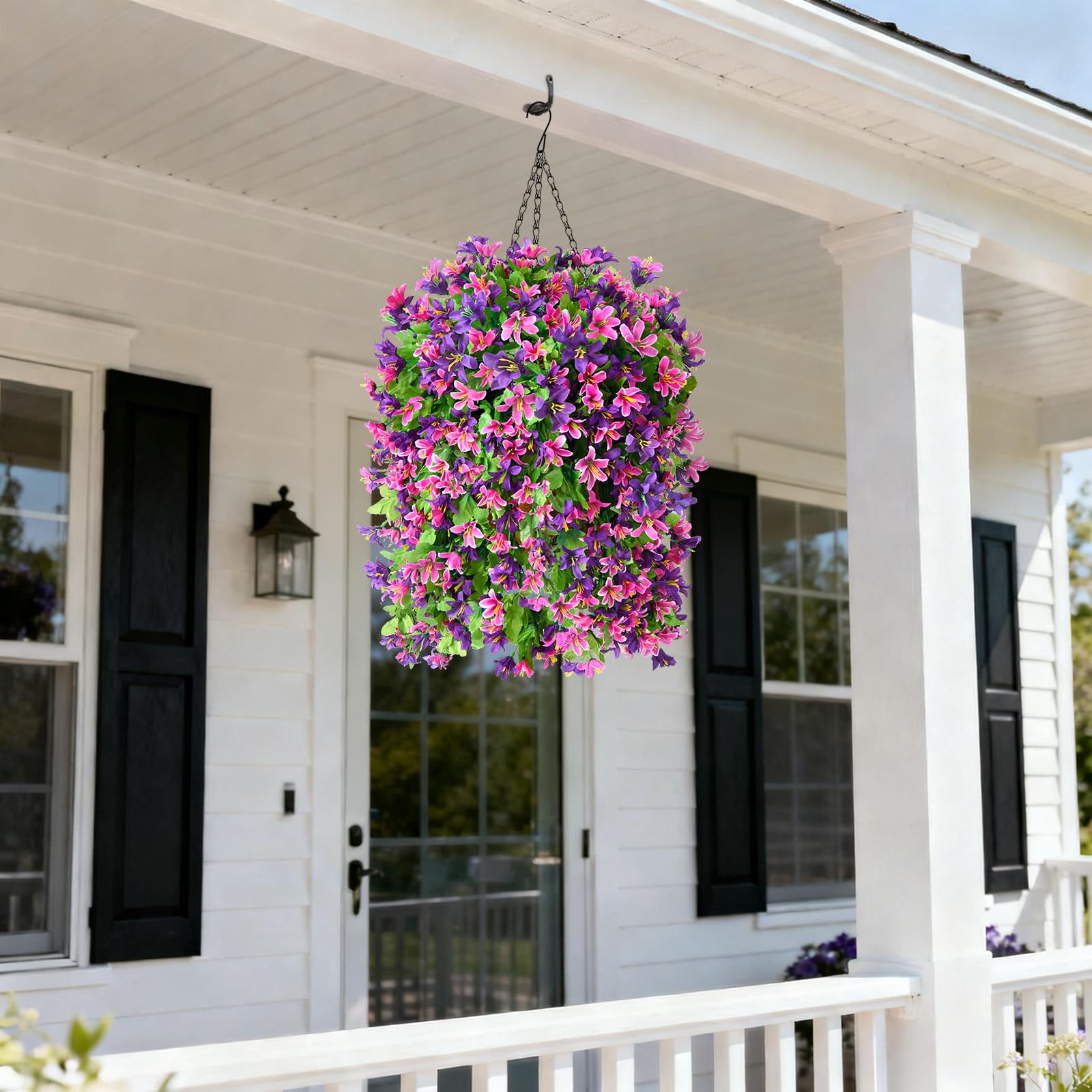 INQCMY Lot de 4 Fleurs artificielles Violettes à Suspendre dans Un Panier pour décoration extérieure, Bouquet de Fleurs Violettes en Soie synthétique résistant aux UV pour l'été, la Maison, la