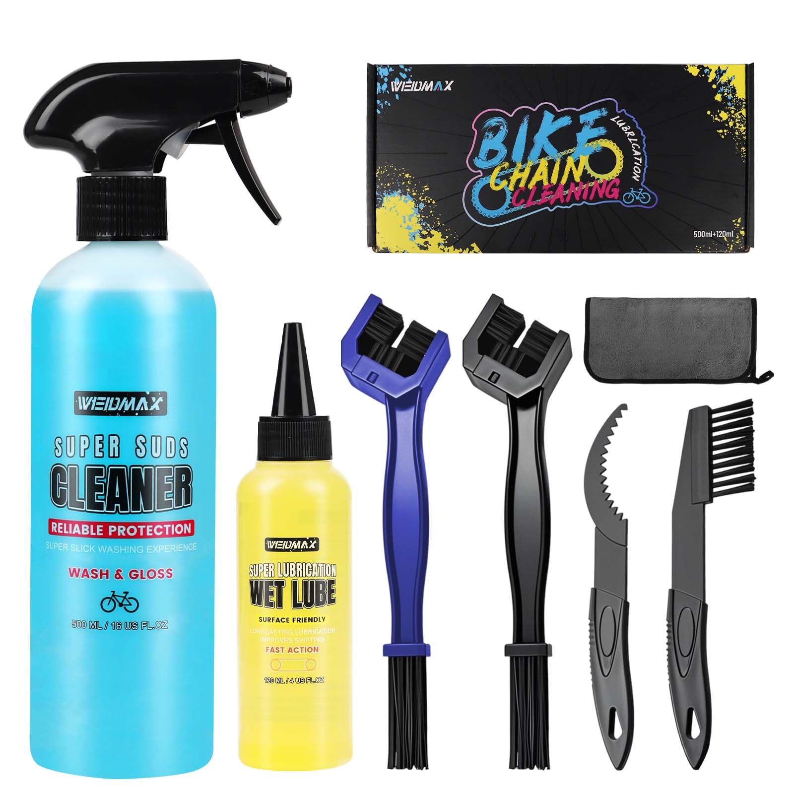 Bike Cleaner Set, 500ML - Fast-Action, Bike chain cleaner 120ml Chain Lube Brushes And Sponge Bicycle Cleaning Kit Safe on All Surfaces and Suitable for All Types of Bike. yellow