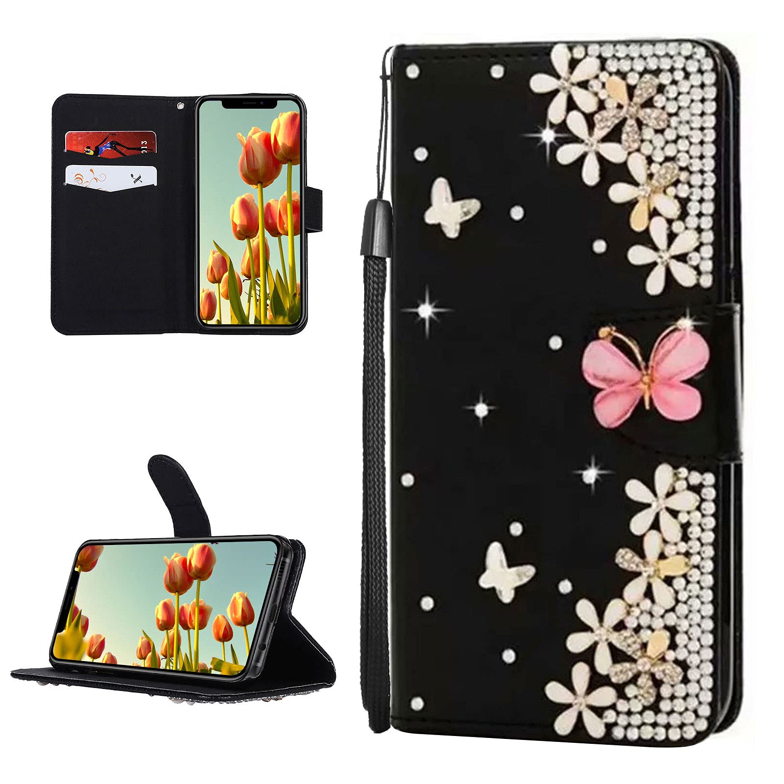 DasKAn for iPod Touch 5/6 / 7 Diamond Flip Case, Bling Rhinestones Pink Butterfly Flowers Design Magnetic Clasp Wallet Stand Protective Phone Cover