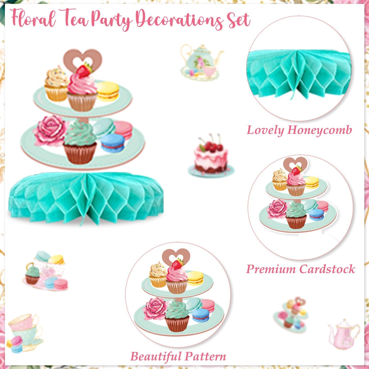 Floral Tea Party Decorations Let's Par Tea Decorations with Floral Tea Honeycomb Centerpieces Tea Hanging Swirl Banner Backdrop Flower Ball for Birthday Baby Shower Wedding Tea Party Supplies
