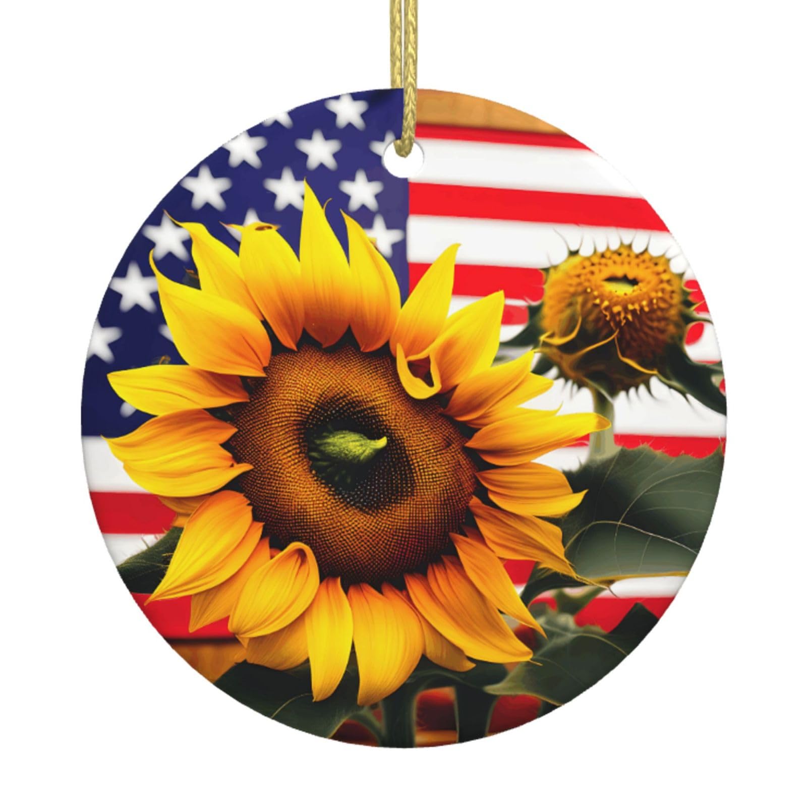 Sunflower And American Flag Print Christmas Ornaments, Ceramic Hanging Ornament, Round Shape Decorations