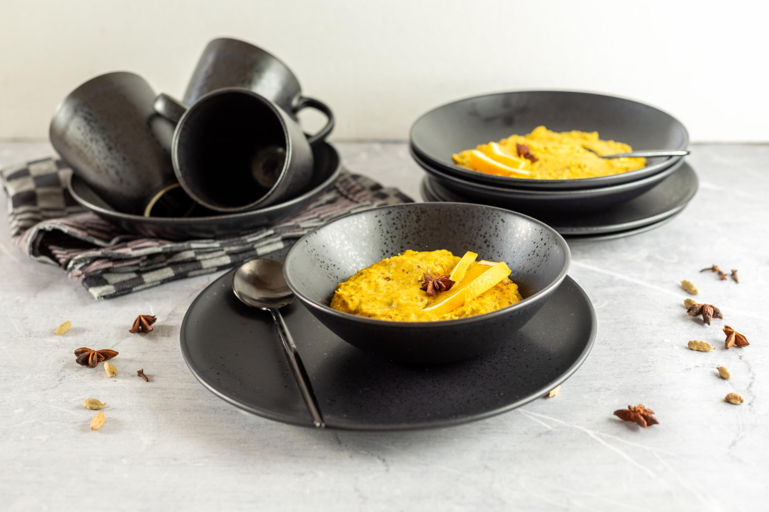 MÄSER, Serie Essential, Frühstücks Set für 6 Personen, Geschirr zum frühstücken aus hochwertigem Keramik, hergestellt in Portugal, Steinzeug, schwarz