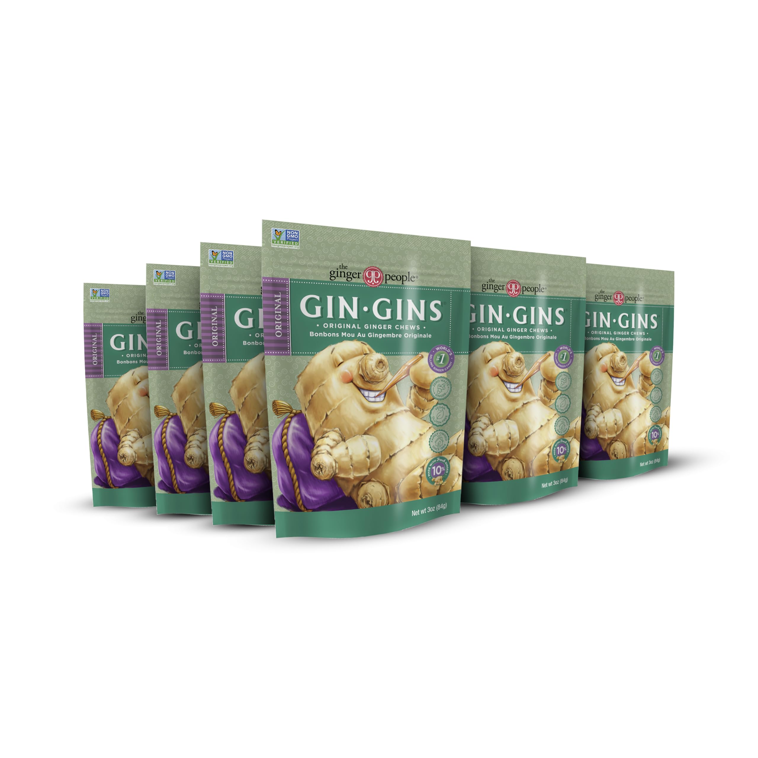 GIN GINS Original Ginger Chews – 100% Natural Candy by The Ginger People – Individually Wrapped Healthy Treats - Made with the Fresh Rhizome – Original Flavor – 3oz Bag – Pack of 12