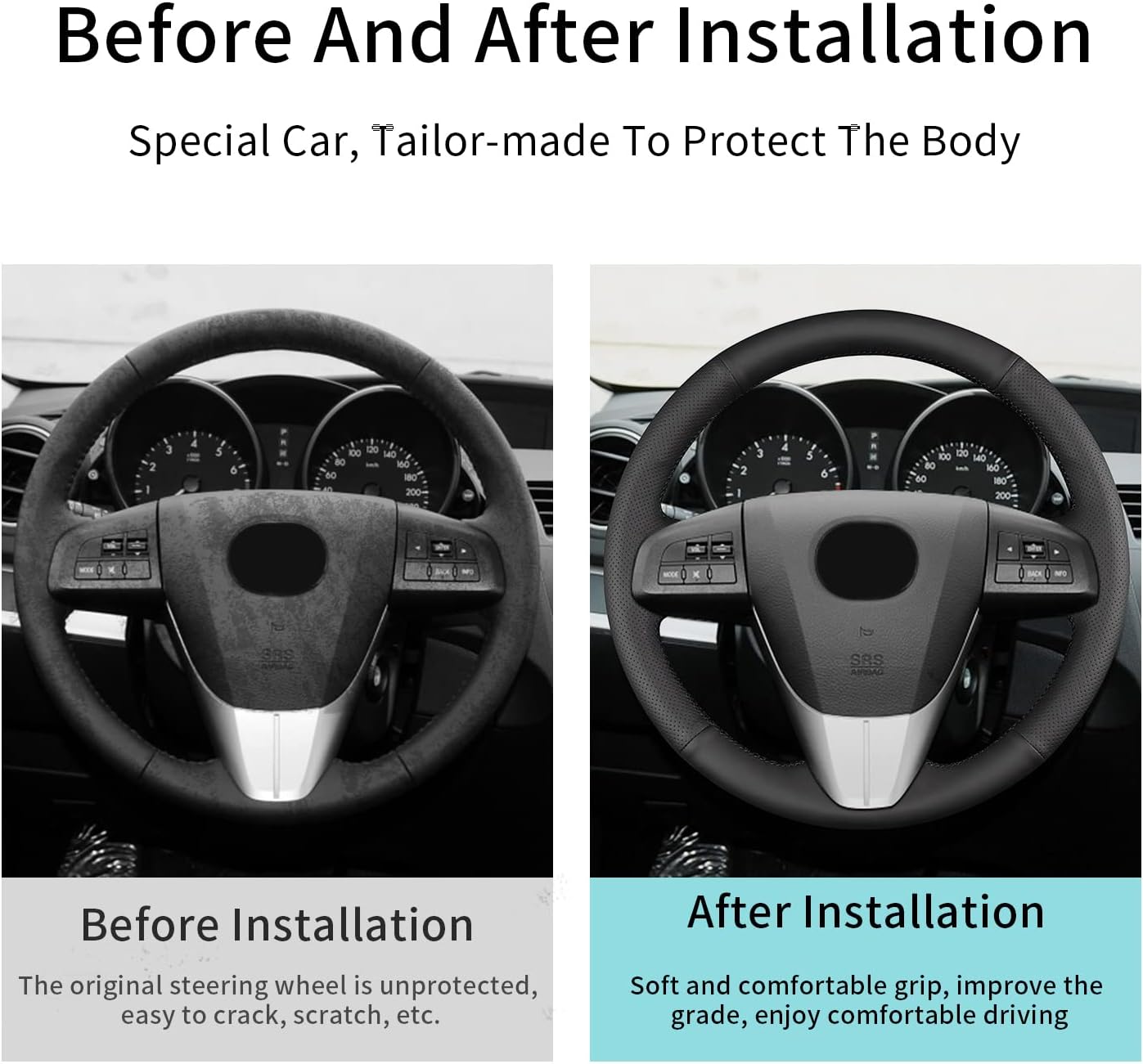 Hand Sewning Microfiber Leather Steering Wheel Cover Stitched on Wrap,Fit for Mazda 5 2011 2013/Mazda 3 MPS 2010 2012 2013/Mazda 3 3 Sedan 2010 2012/Mazda 6 2011/Mazda CX-7 3 i-Stop 2010