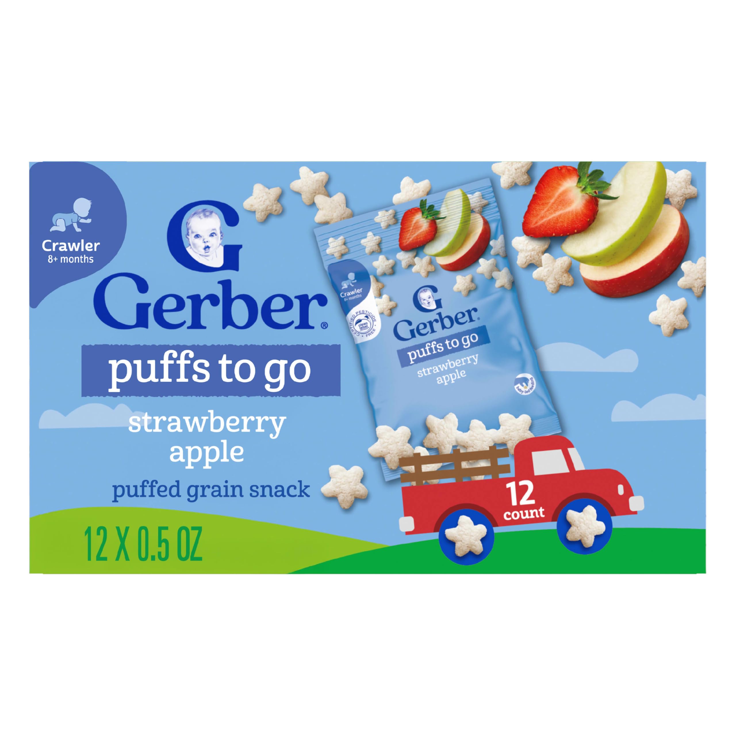 Gerber Stage 3 Baby Snacks, Strawberry Apple Puffs, Grain Snack, Baby Led Feeding, 12PK