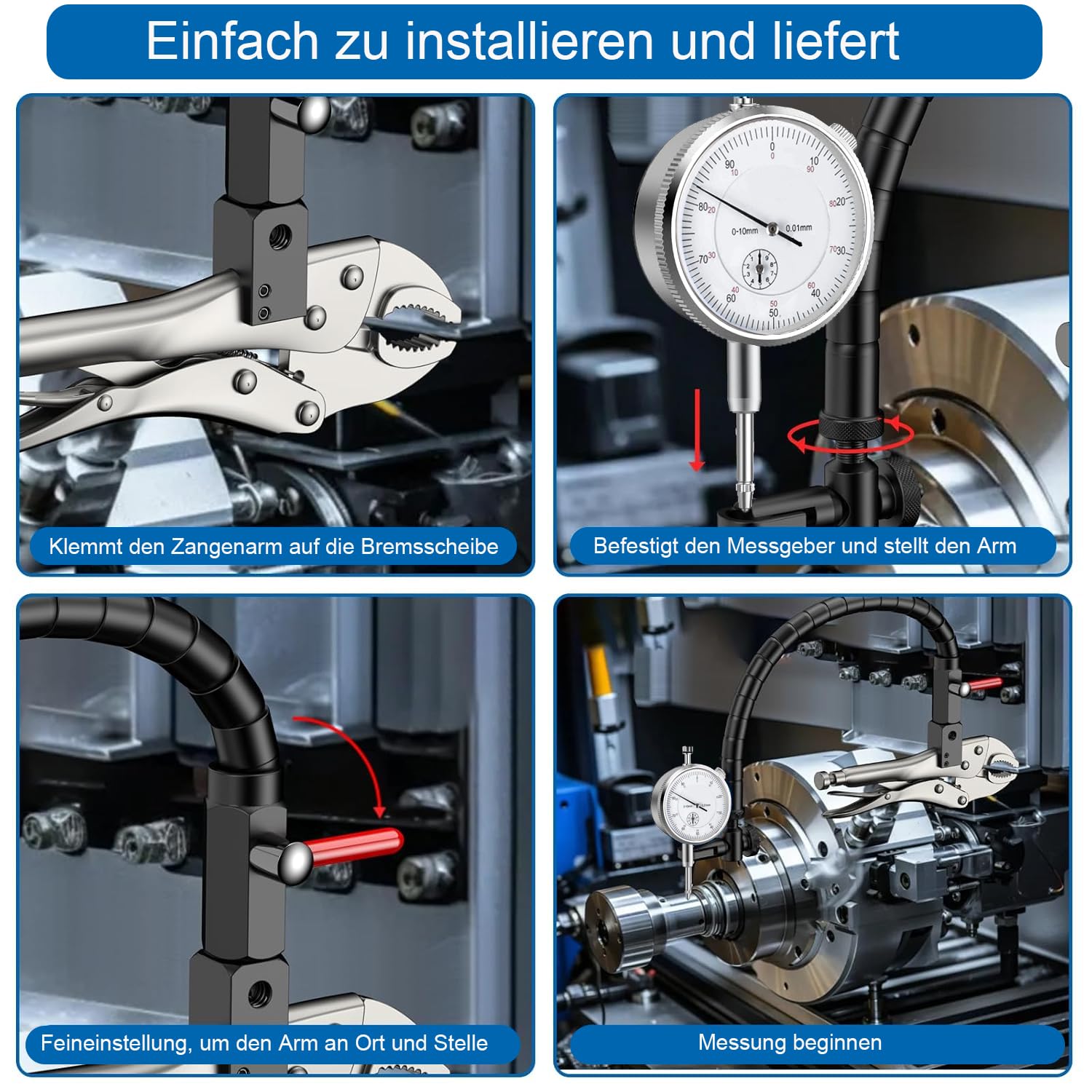 Scheibenbremsrotor-Messgerät mit 0-10 mm Messuhr(0.01mm Auflösung), Auto-Bremsscheiben-Schlagfestigkeitsprüfer, Klemmschraubstock mit 360 ° Flexiblem Arm