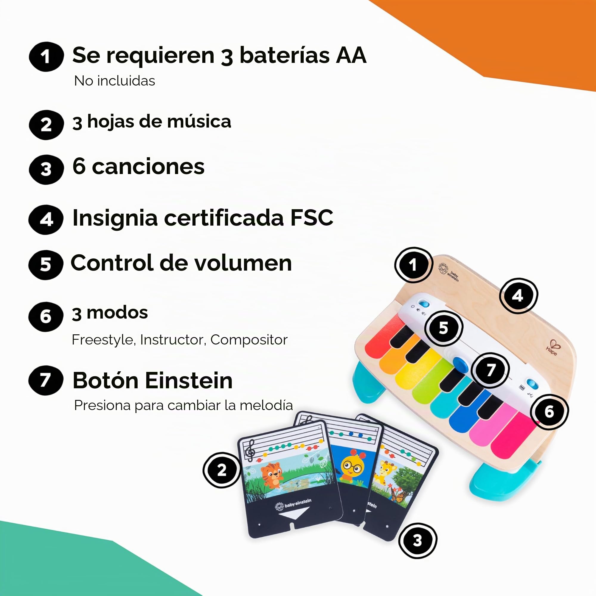 Baby Einstein, Hape, Piano Magic Touch, Juguete Musical de Madera, Incluye 3 partituras y 6 Canciones, Volumen Ajustable, a Partir de 6 Meses, Be Piano, 1 Unidad (Paquete de 1)