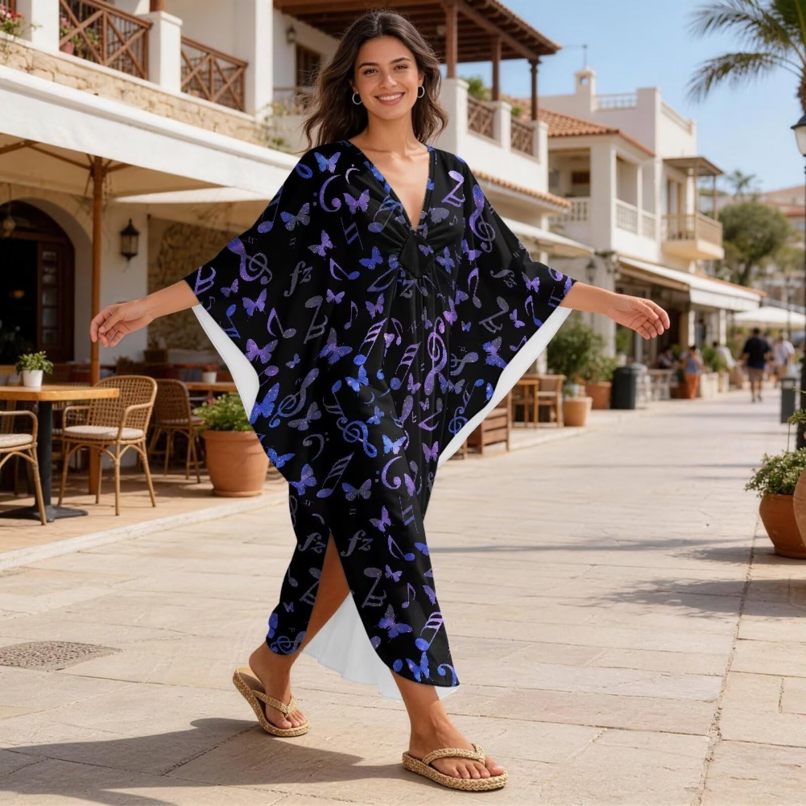 Xoenoiee Damska sukienka kaftan plus size dekolt w serek rękaw nietoperz okrycie plażowe okrycie kąpielowe okrycie letnie kaftany