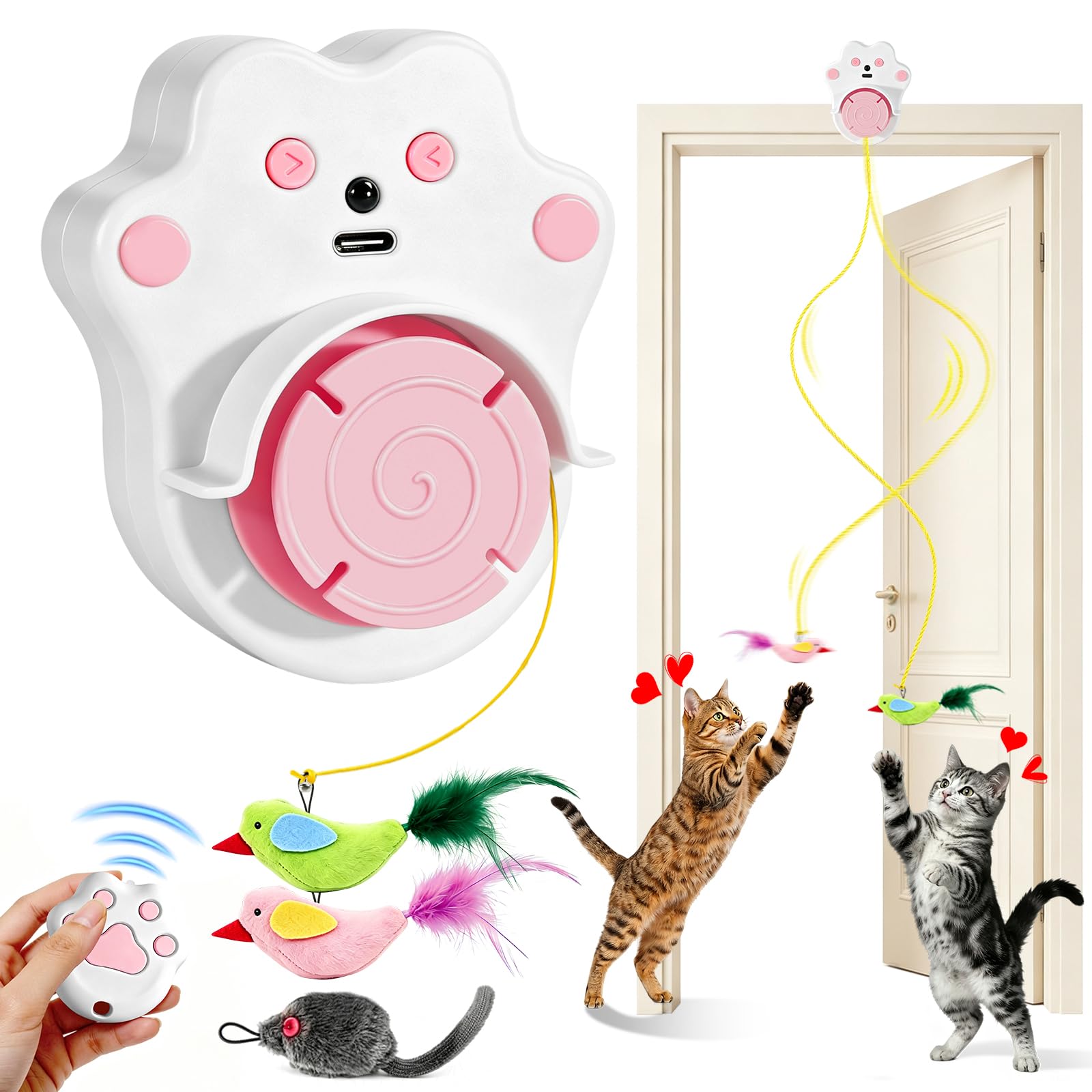 DoubleCare Juguetes interactivos para gatos de interior, juguete automático de plumas de pájaro volador para gatitos aburridos y gatos adultos, manos libres o de mano, rosa