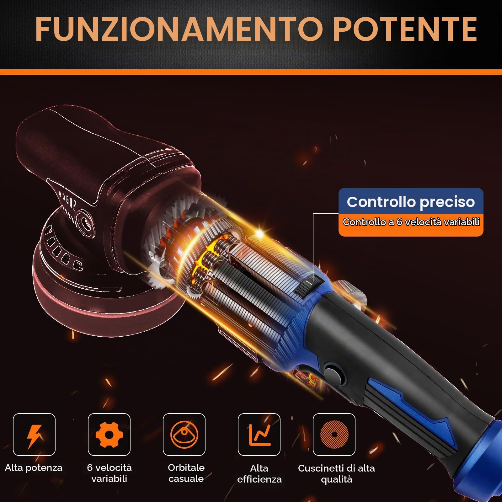 Lucidatrice eccentrica, 1200 W, set di 6 velocità variabili, 25 punte per lucidatura, trattamento delicato, lucidatrice per auto, barca, lucidatura, graffio