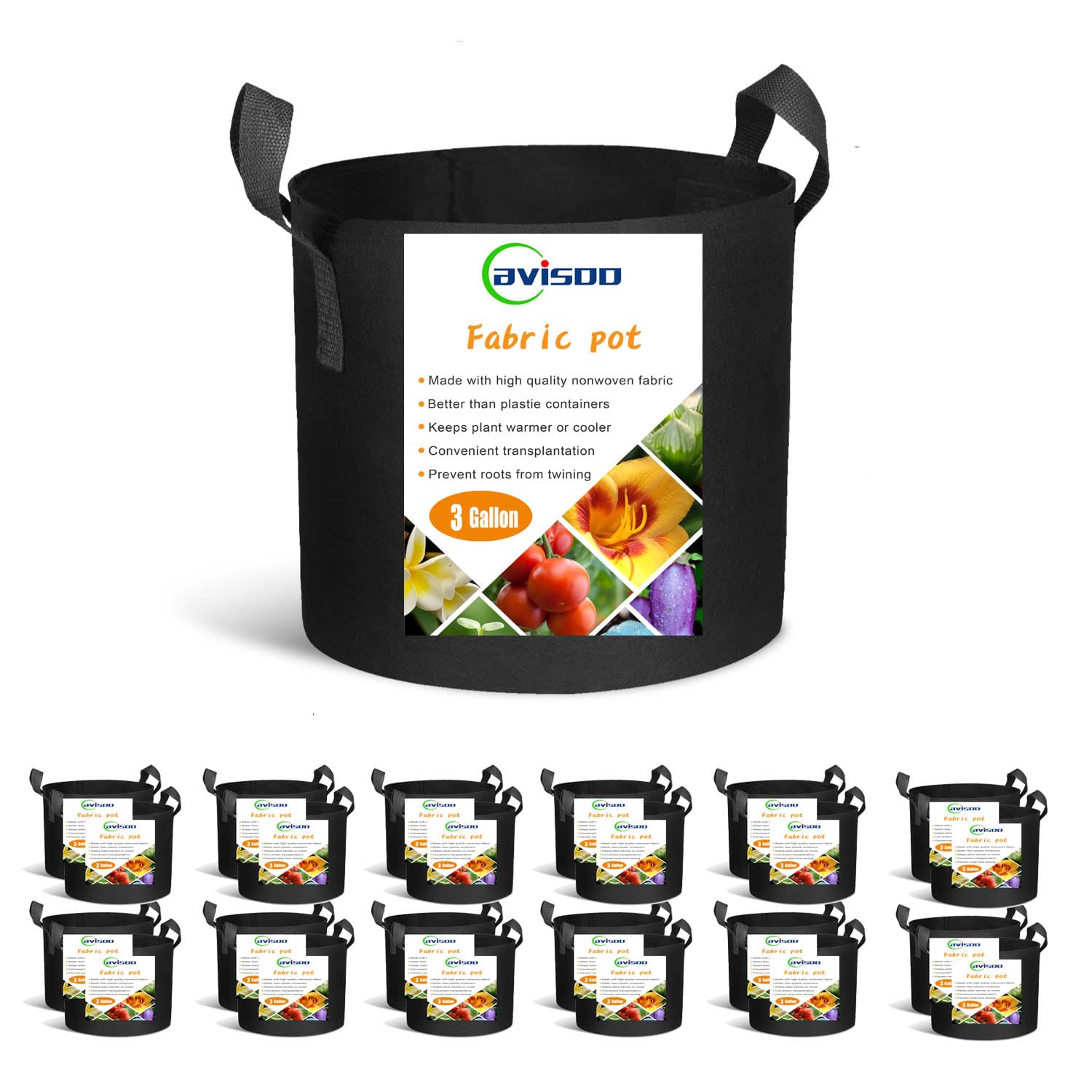 24-Pack 3 Gallon Grow Bags, Heavy Duty Thickened Non-Woven Plant Fabric Pots with Reinforced Handles