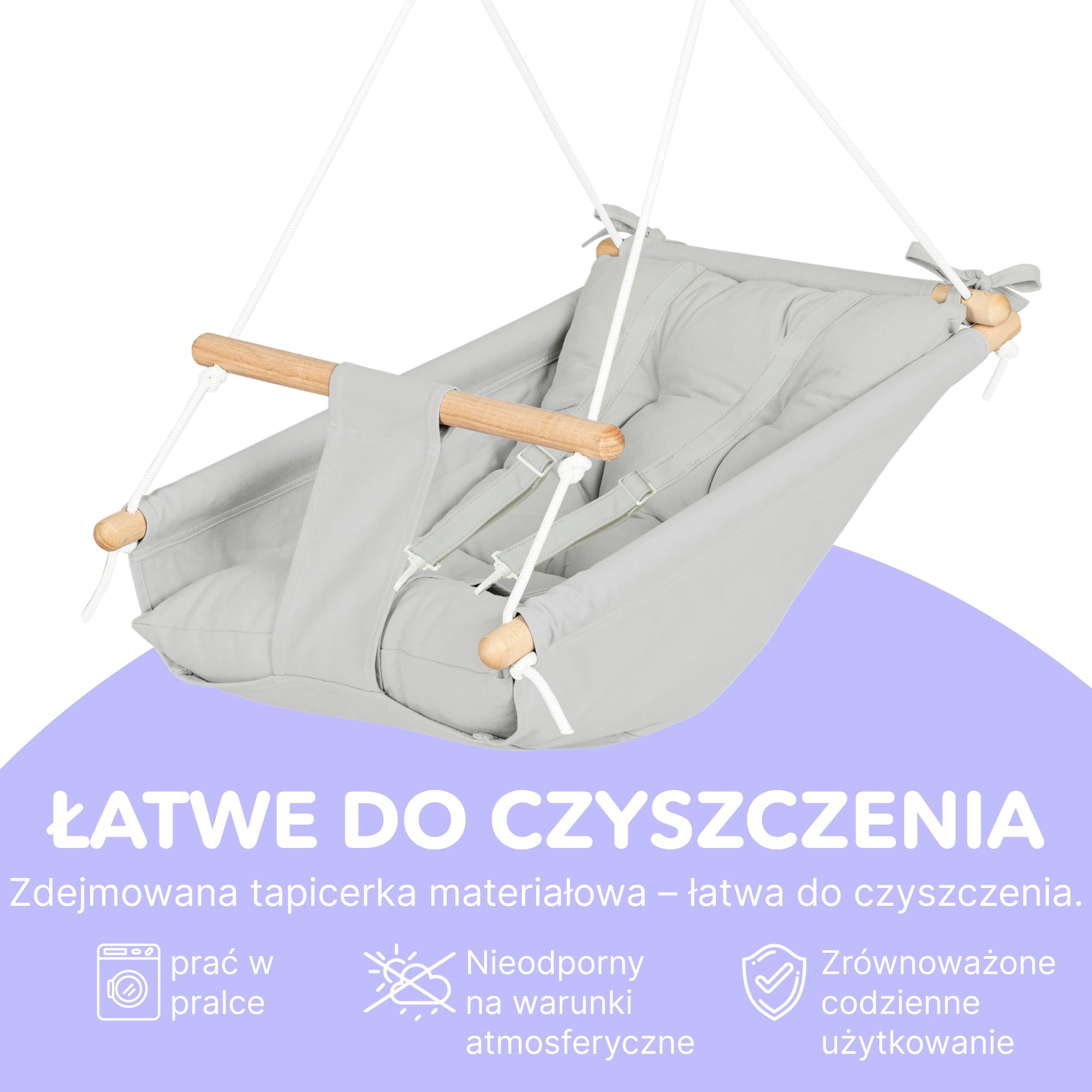 CaTeam Płócienna huśtawka dla malucha – wiszące krzesło do użytku wewnątrz i na zewnątrz do patio i pokoju zabaw z pasem bezpieczeństwa – drewniane siedzisko dla niemowląt dla dzieci w wieku od 12