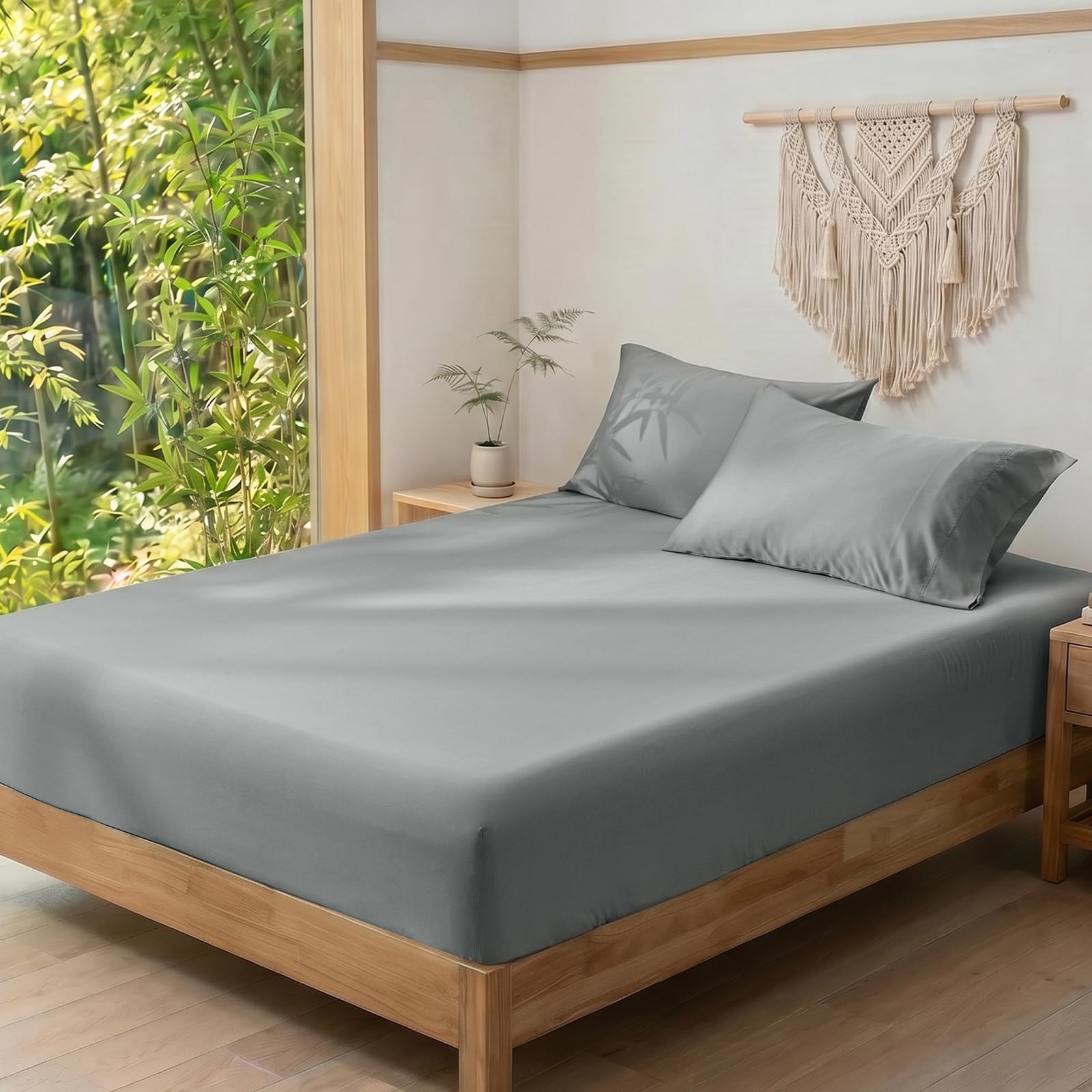 david's home cooling fitted sheet king size, 100% rayon derived from bamboo, 16" deep pocket 2.5cm wider elastic, luxury smooth silky soft breathable bottom sheet for hot sleeper, grey