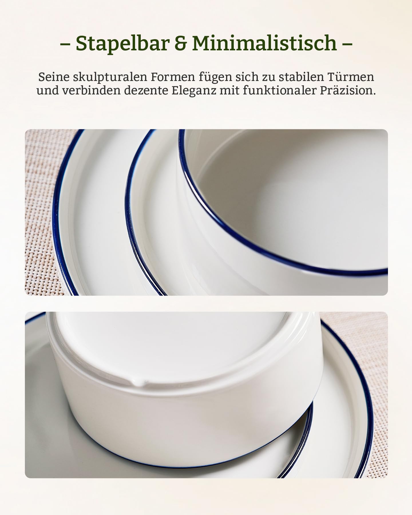 Richmount Geschirrset 12-tlg, Porzellan Service für 4 Personen, Teller set mit modernem, erhöhtem Rand, Mikrowelle & Spülmaschinengeeignet, Weiß mit dunkelblauer Kontur