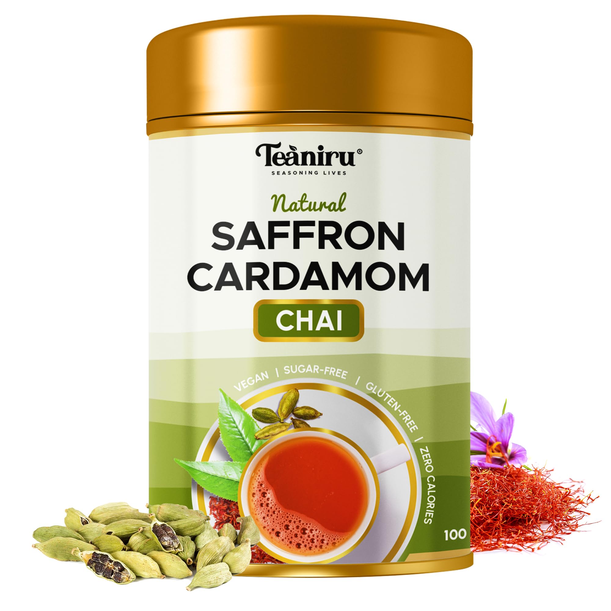 Teaniru, Saffron Cardamom Chai - 100g | Premium Indian Chai with CTC Black Tea, Kashmiri Saffron, Cardamom & Marigold Petals | Aromatic Kesar Elaichi Chai in Reusable Tin - Serves 40 Cups (B0CFY7ZQCC) Amazon Price History, Amazon Price Tracker