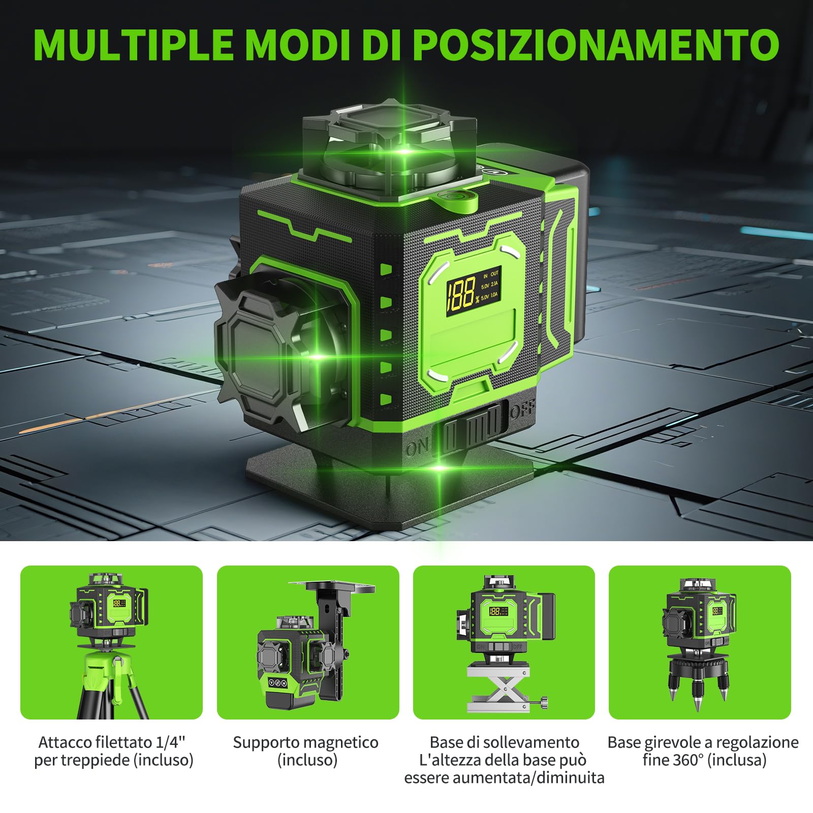 Livello Laser Cantiere Autolivellante 360° x 4 Con Treppiede, Lazer Livelli 4D 16 Linee Laser, Modalità Impulso Esterno, 2 x Batteria, Livellamento Automatico, Supporto Rotante, Telecomando