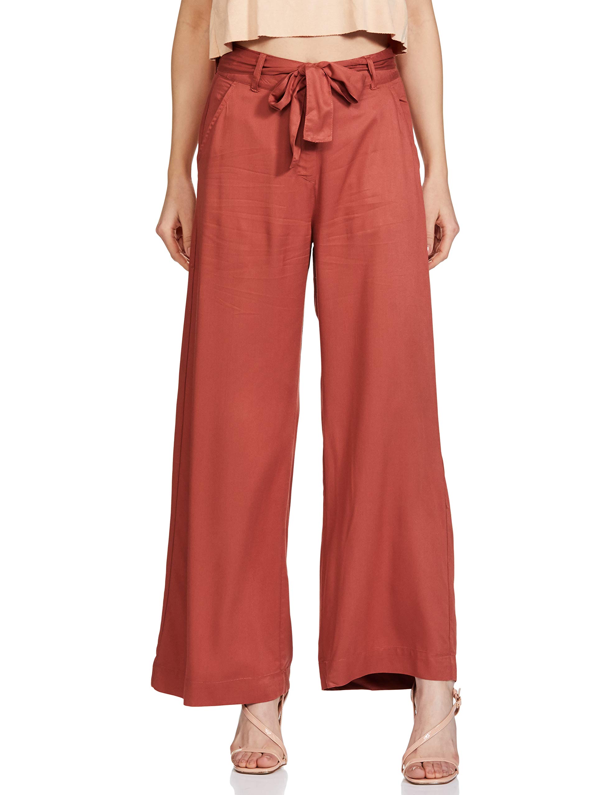 Amazon Brand - Symbol Women's Relaxed Rayon High Rise Full Length Wide Leg Formal Trousers (with Self Fabric Belt)