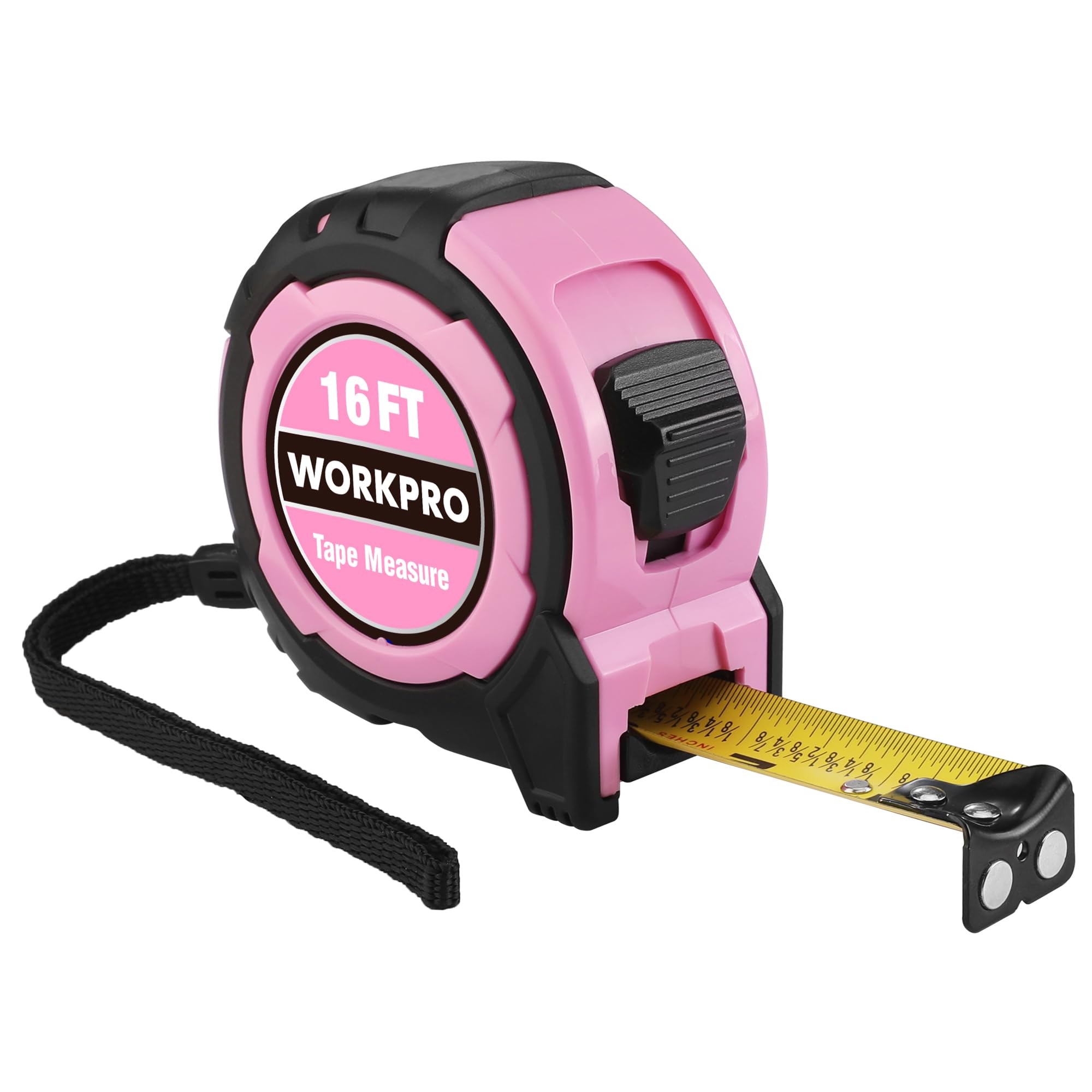 WORKPRO 16FT Pink Tape Measure, 1/8 Fractions Easy Read Measuring Tape | Retractable Nylon Coating Measurement Tape Accuracy 1/32, Magnetic Hook, Belt Clip, Rubber Protective Casing Pink 4.9 m