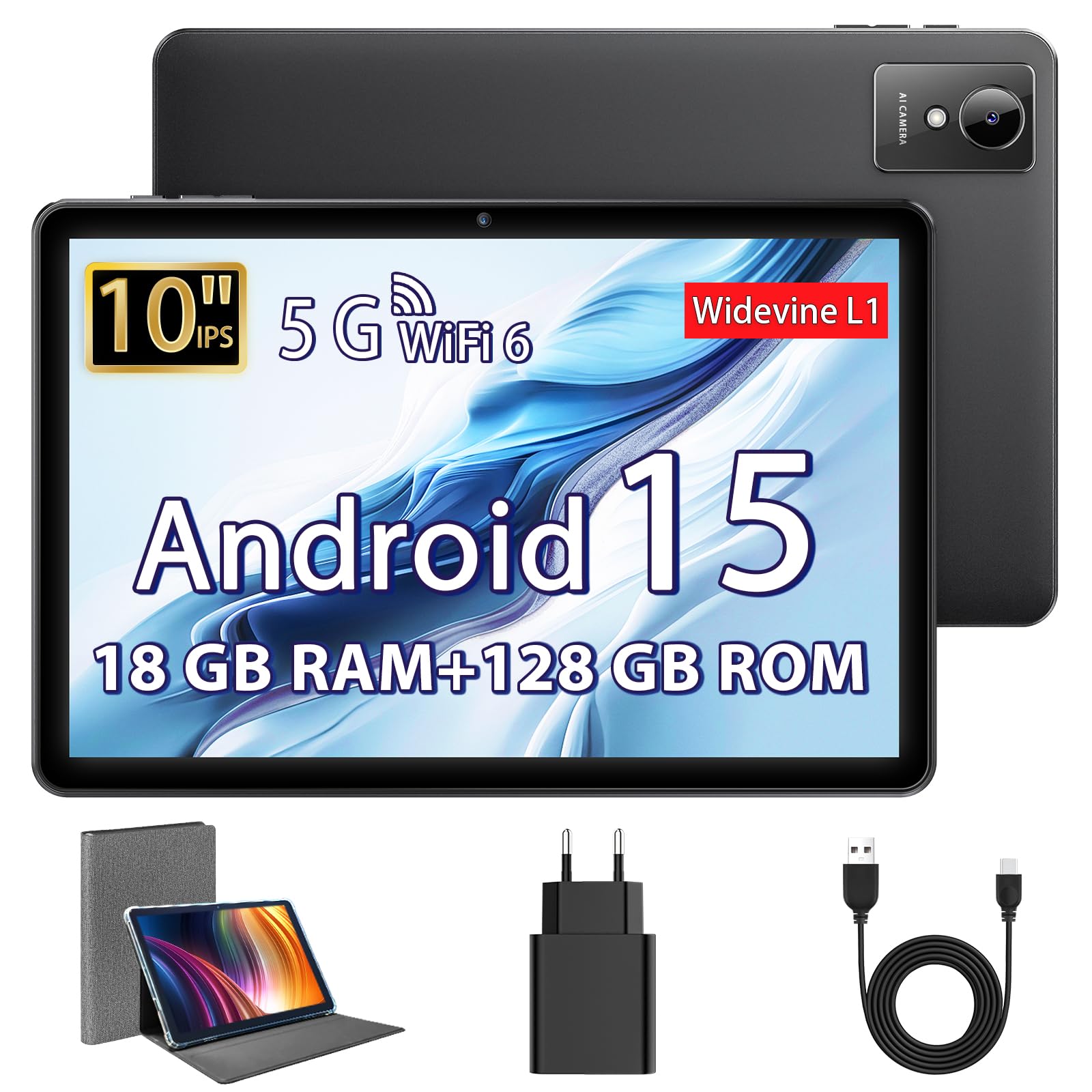 Tablet 10 Pollici, Tablet Android 15 con Custodia, Octa-Core, 18 GB RAM + 128 GB ROM + 1 TB TF, Display HD IPS 1280*800, Fotocamera Doppia 5MP + 8MP, 6000 mAh, WiFi 6, BT 5.0, Widevine L1, GPS (K50)