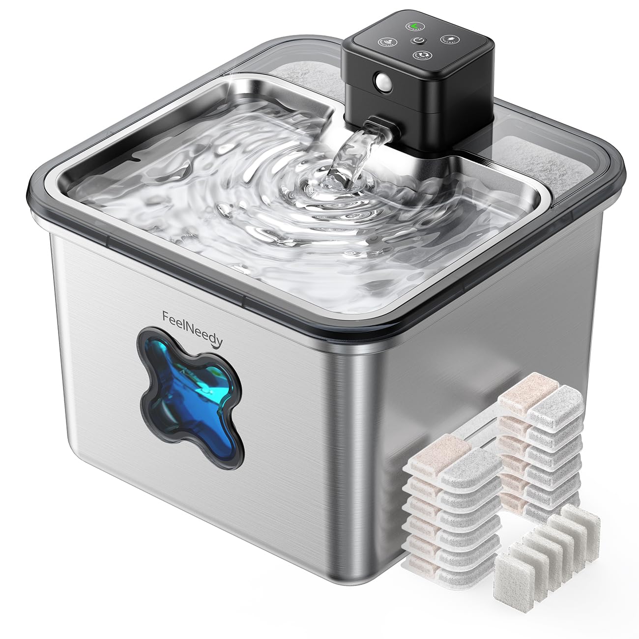 FEELNEEDY Katzenbrunnen Kabellos 3.2L mit 6 Filters, Trinkbrunnen für Katze Edelstahl 4000mAh Akku, Wasserbrunnen für Katzen mit Bewegungsmelder, Spülmaschinenfester