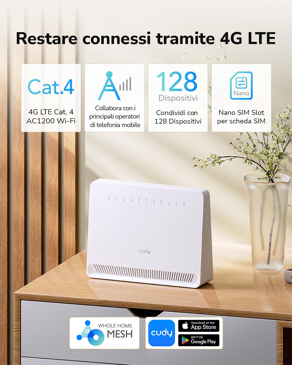 Cudy LT500E Modem Router Veloce 4G LTE Cat 4 con Slot per Scheda SIM, AC1200 WiFi, OpenVPN, Wireguard, IPsec, Client VPN, Antenne Interne, Mesh