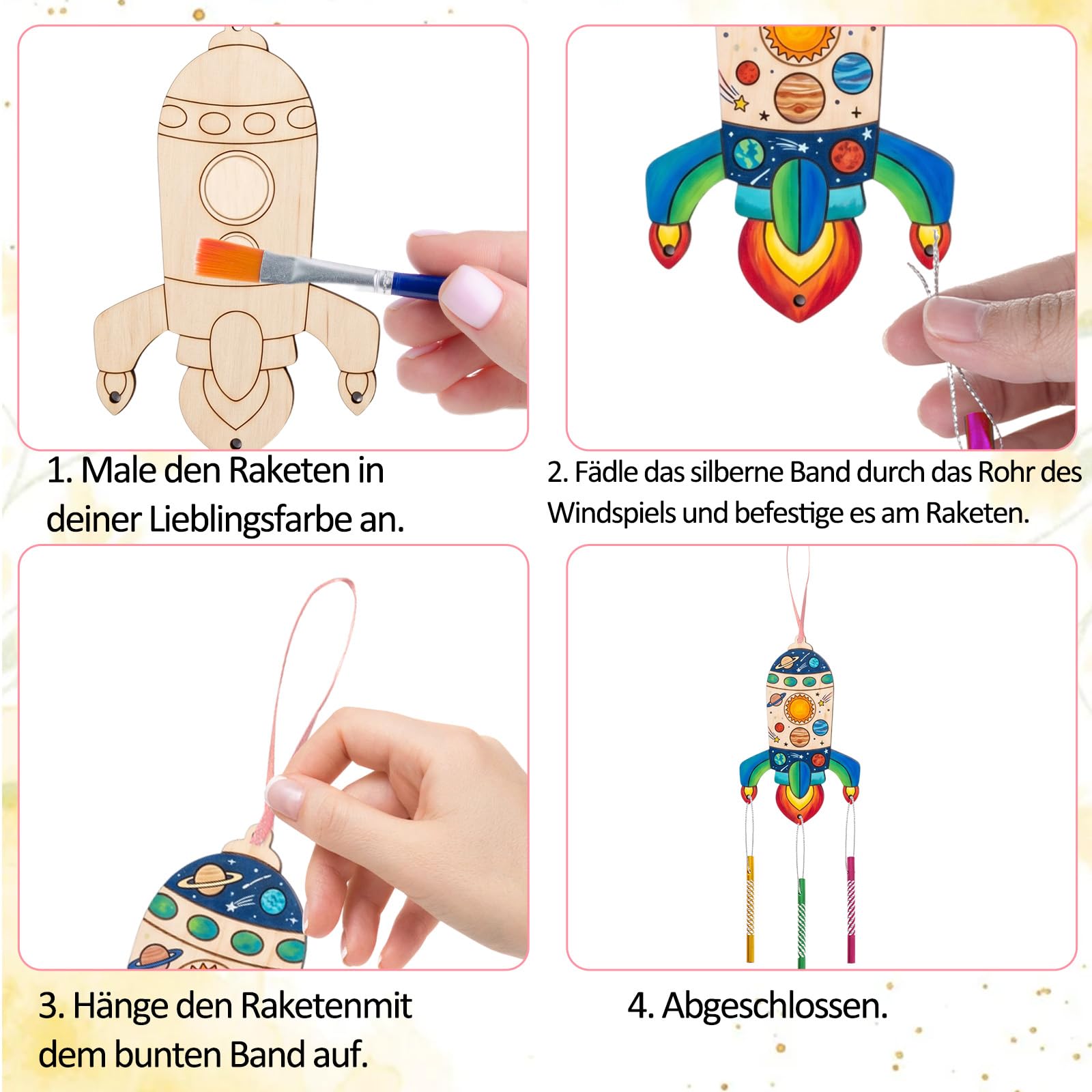 Lot de 10 carillons à vent en forme de fusée - Kit de bricolage en bois - Kit de bricolage créatif - Carillon sonore pour anniversaire, travaux manuels (fusées