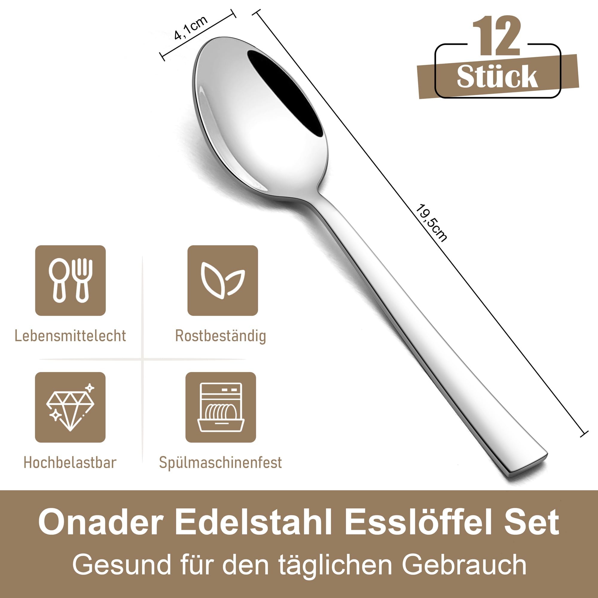 Onader Esslöffel 12 Stück, 19,5cm Edelstahl Große Löffel Set, Hochglanzpoliert Suppenlöffel Müslilöffel mit Quadratischer Griff für Zuhause, Hotel, Restaurant, Gesunde & Spülmaschinenfest