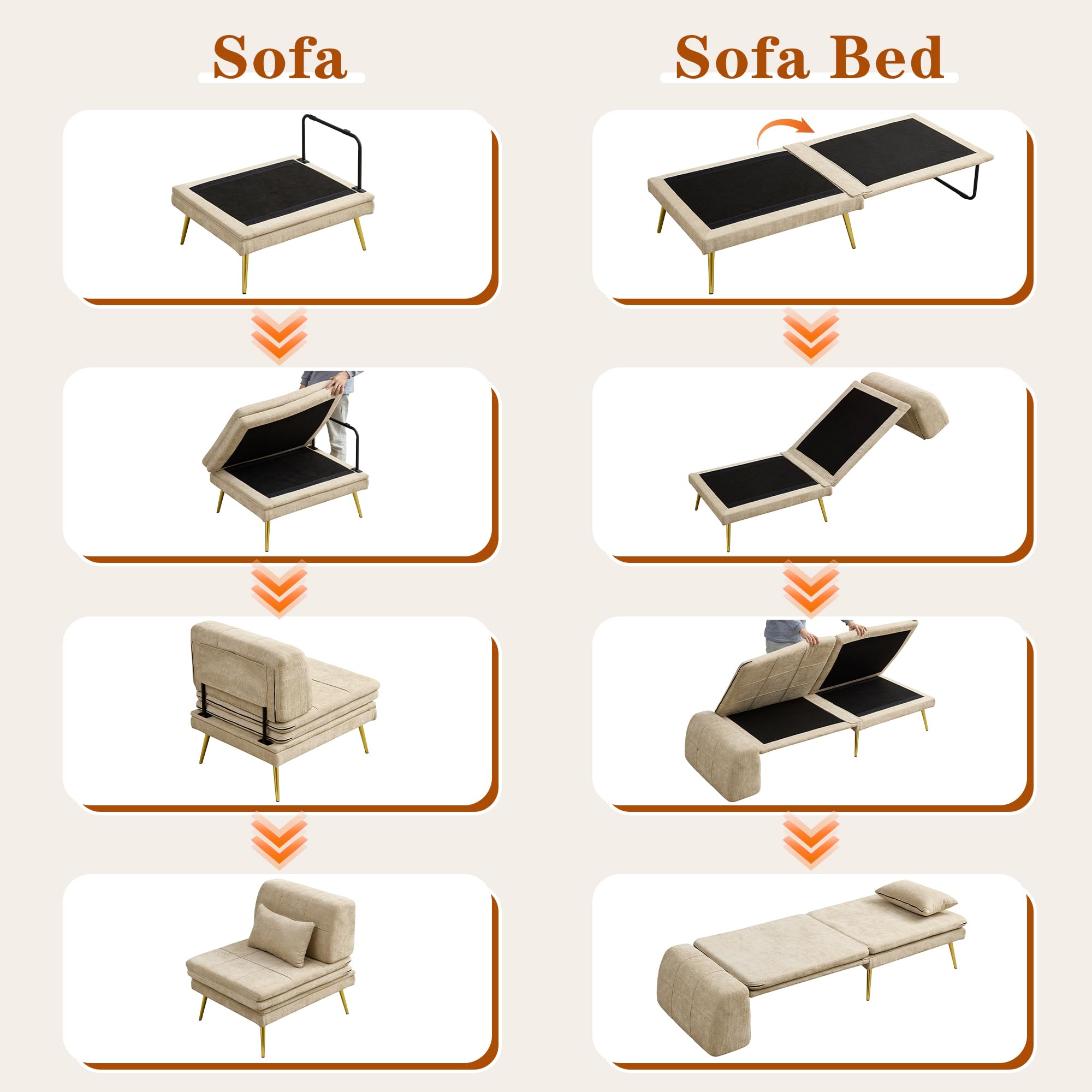 Fauteuil Convertible 1 Place 3 en 1, Chauffeuse Canapé-lit Fauteuil Convertible avec Coussin pour Les Chambres d'amis et Les Petits Espaces (Beige)