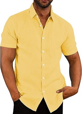 Men's Casual Linen Button Down Shirt Short Sleeve Beach Shirt