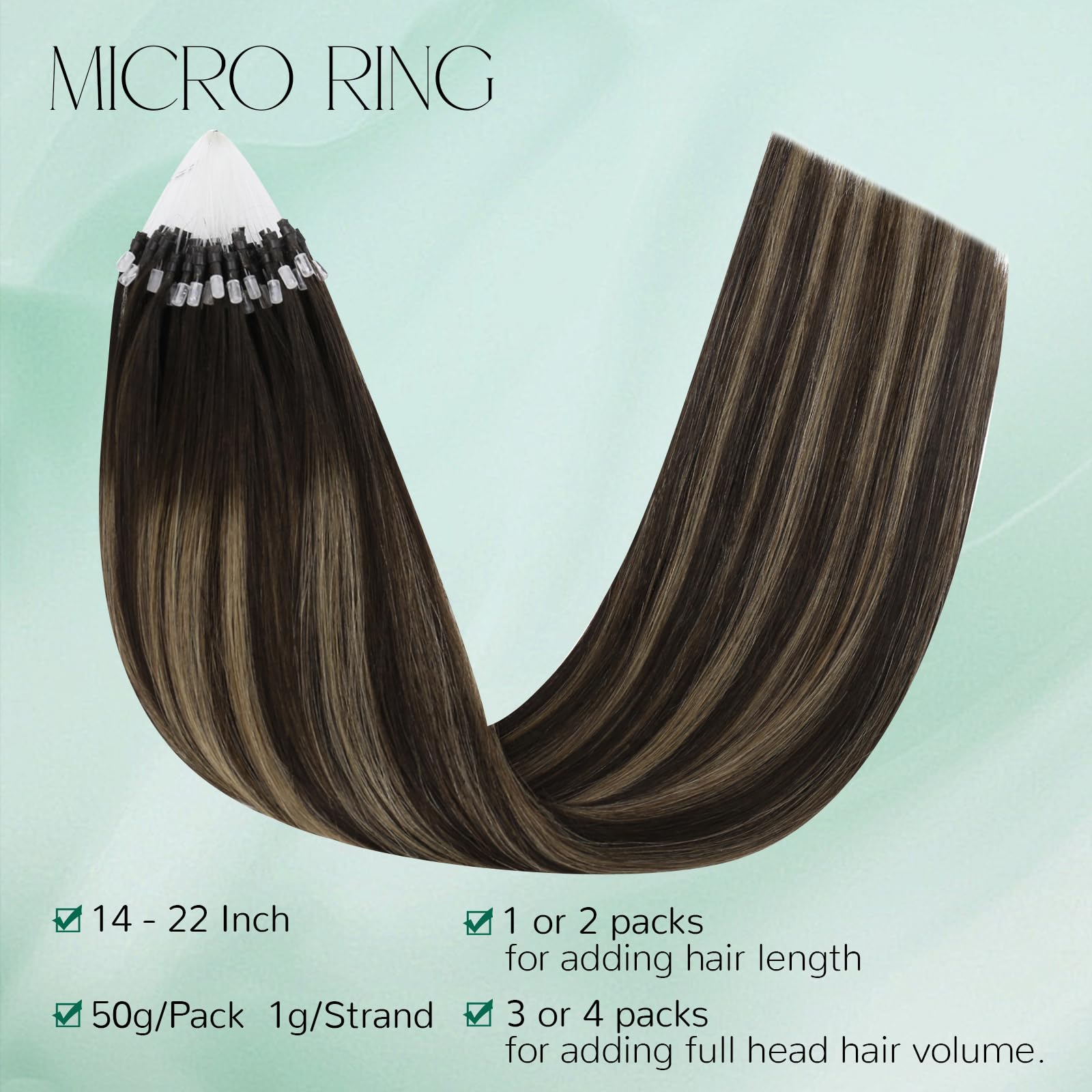 Easyouth Micro Ring Human Hair Extensions Seamless Micros Loop Hair Extensions Darkest Brown with Light Brown Micro Link Hair Extension Remy Human Hair Daily Wear 18 Inch 50g/50s - Image 3