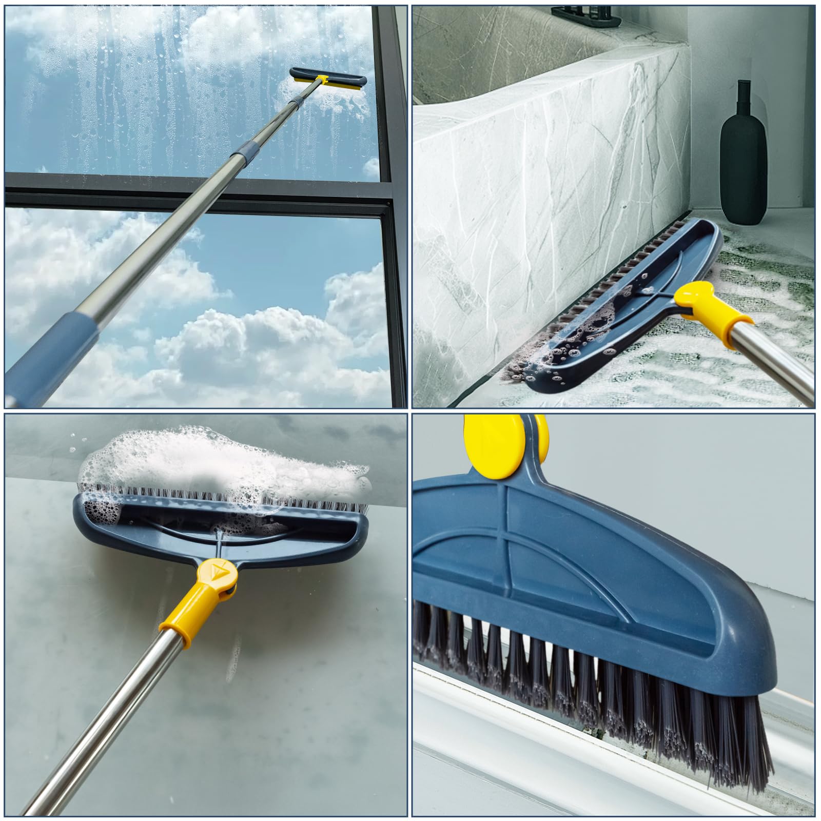 Cepillo de lechada con mango largo ajustable de 61.4 pulgadas, cepillo de línea de lechada en forma de V, cepillo de suelo 2 en 1 con raspador, cepillo giratorio con cerdas rígidas para ducha, cocina,