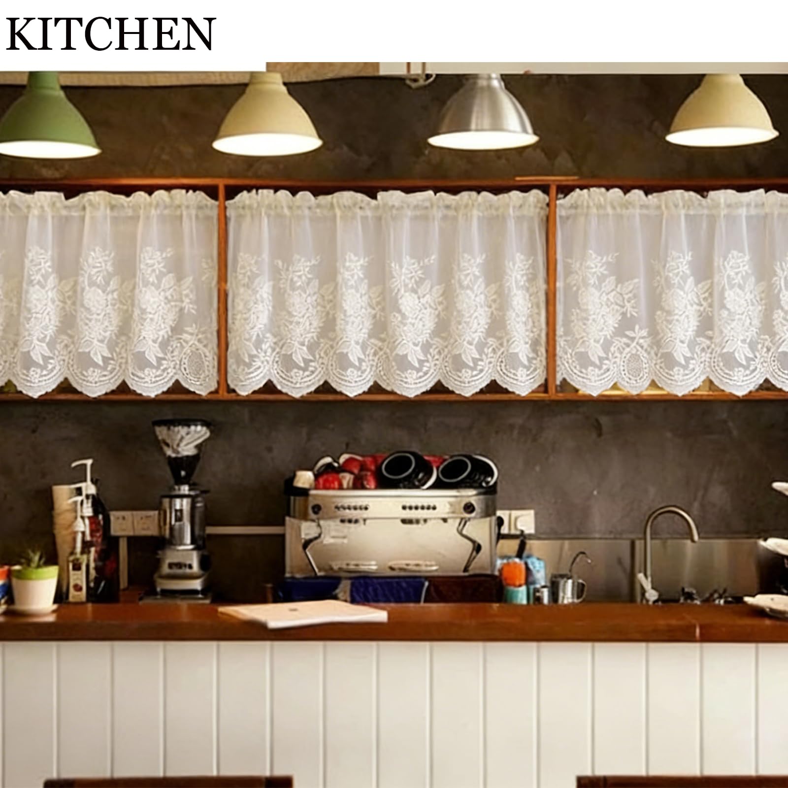 Kitchen Curtains, Kitchen Curtains for Open Kitchen, Flower Design Sheer Curtain for Window Privacy and Light Control, Embroidered Kitchen Window Valance 132x46cm 1