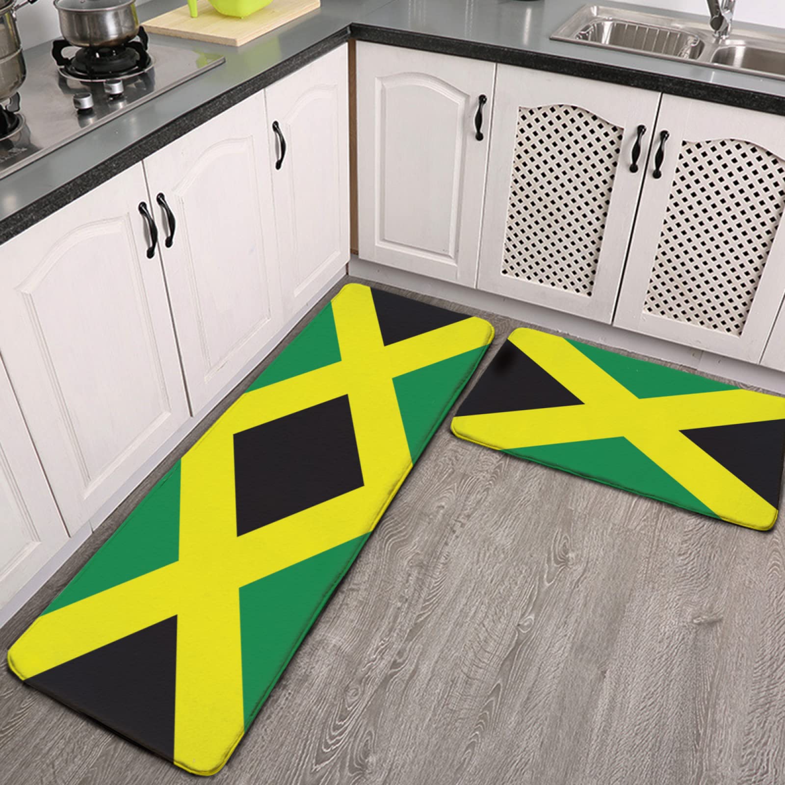 YouTary Jamaican Flag Pattern Kitchen Rug Set 2 PCS Floor Mats Washable Non-Slip Soft Flannel Runner Rug Doormat Carpet for Kitchen Bathroom Laundry
