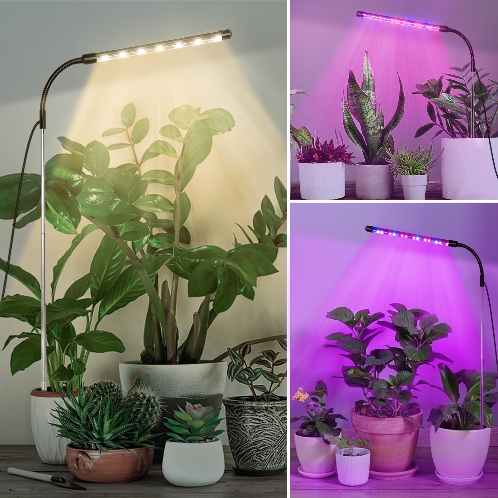 Luce per Piante, Lampada per Piante a Spettro Completo Regolabile in Altezza con Timer 3/9/12 Ore, Lampada per Piante con Adattatore, 10 Luminosità, 3 Modalità, Ideale per Piccole Piante