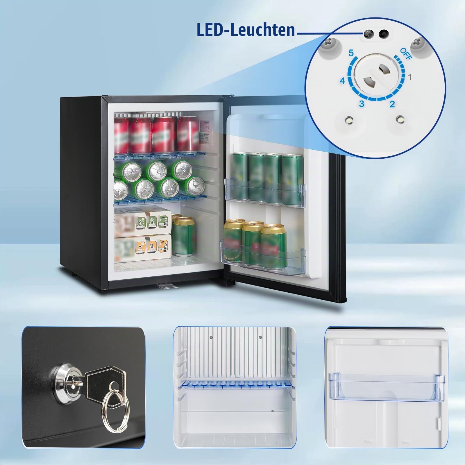 Smad Kühlschrank 12v 230v, 40L, Camping Kühlschrank 12v 230v, Wohnmobil Kühlschrank, Leiser Camper Kühlschrank 12v, für Auto, Wohnwagen, Büro, Absorber Kühlschrank mit Schloss, Wendetür, Schwarz