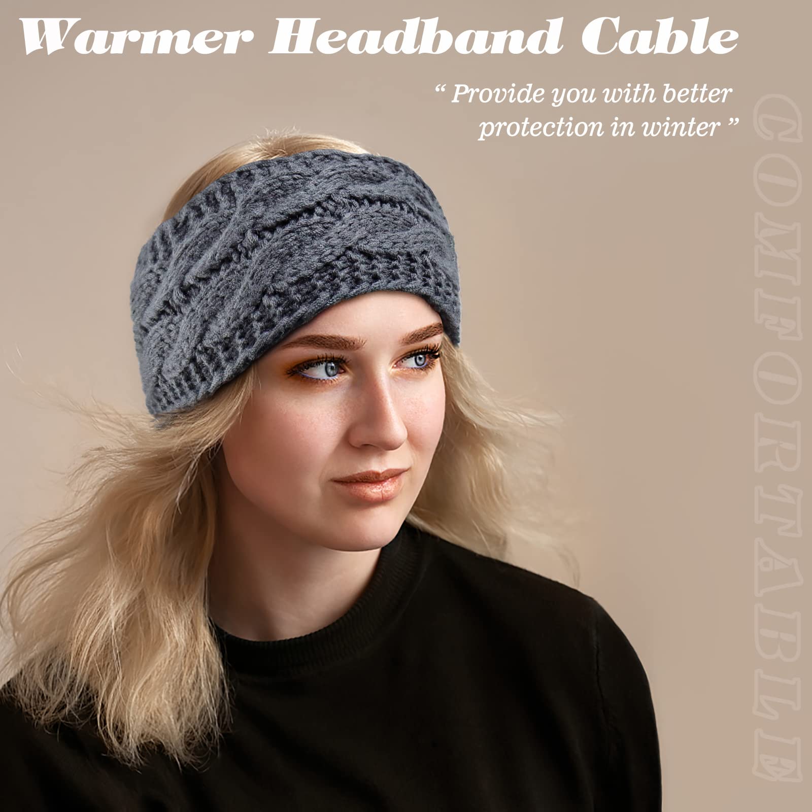 Knitted Headband for Women Hair Winter 2pcs Thick and Warm Cable Knit Ear Warmer (Dark Gray Beige), Multicolor, 2 count (Pack of 1) - Image 2