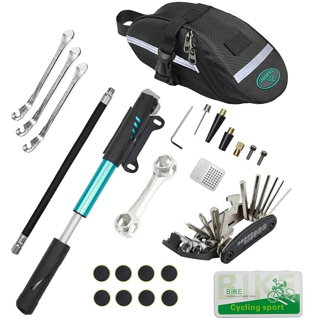 Bike Repair Kit Contains 16-in-1 Tool 120Psi Mini Bicycle Pump Tire Patch Used for Mountain Road Bike Blue