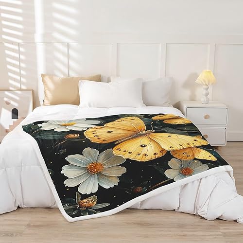 Miniatura 2 de Yellow Butterfly Throw Flannel Blanket,Dreamy Animal Spring Garden Butterfly Fleece Throw Blanket for Home Decor Sofa Couch,White Daisy Flowers