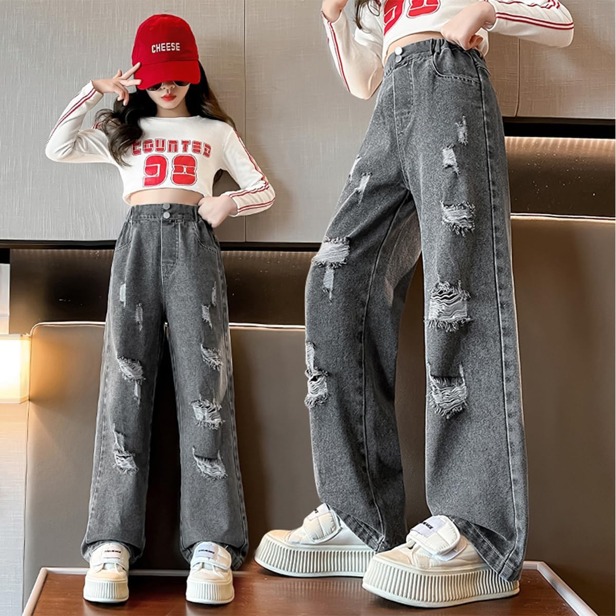 Girls Ripped Wide Leg Jeans Denim Elastic Baggy Kids Button Jeans Casual Pocket Pants Age 5-14 - Image 5